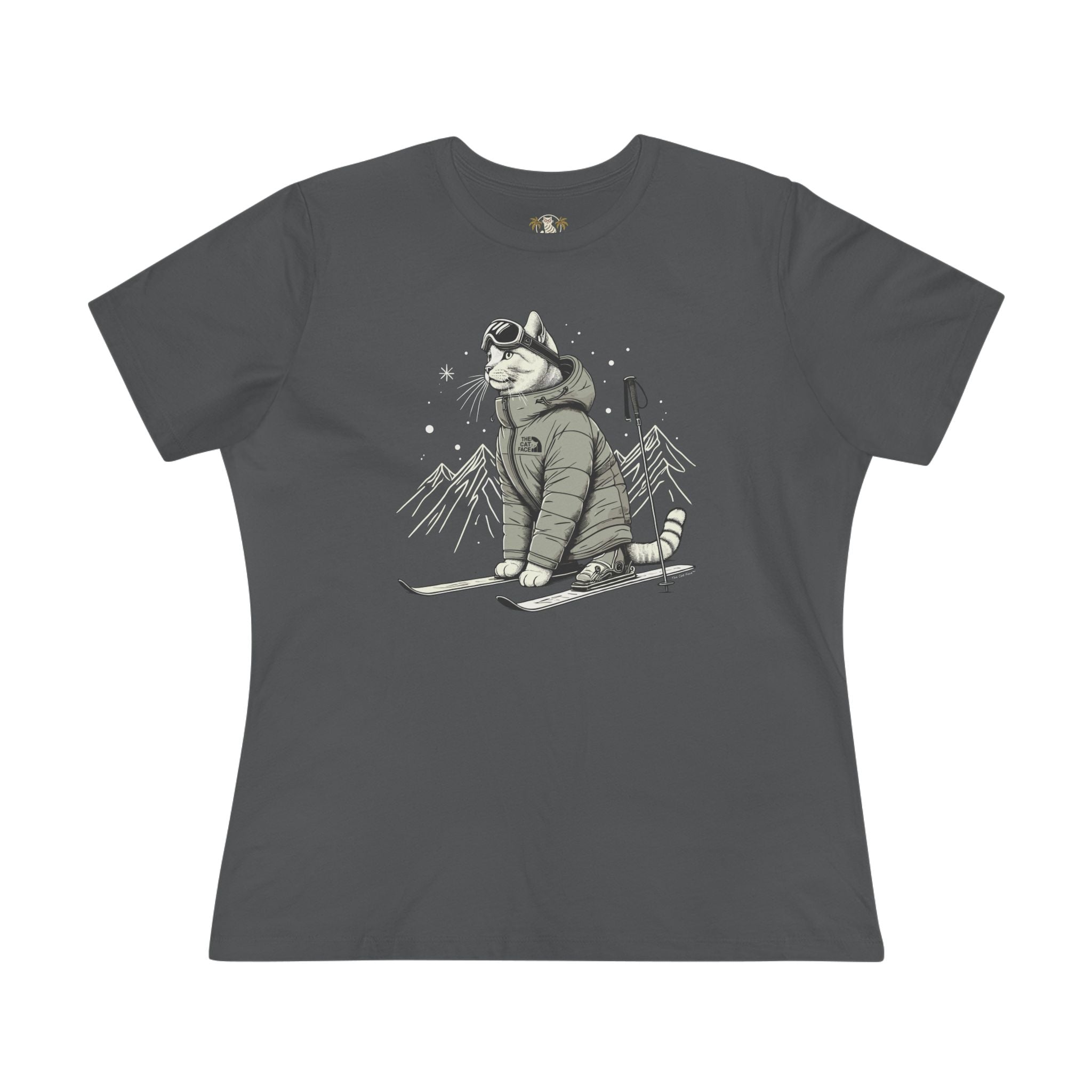 The Cat Face Alpine Explorer Graphic Women's T-Shirt in asphalt, front view