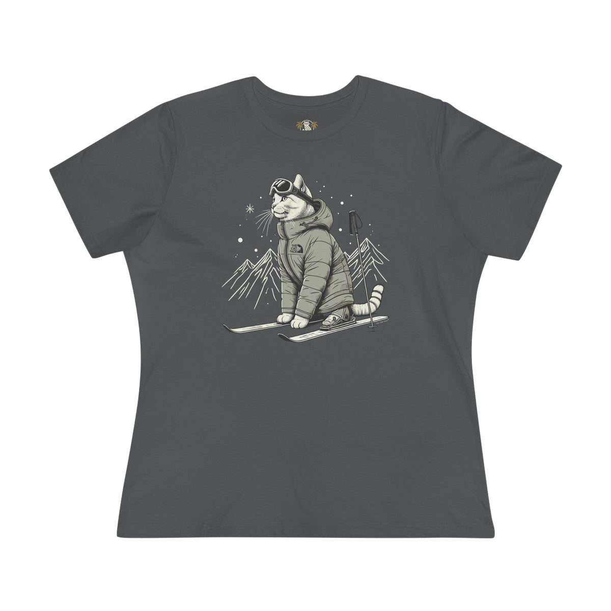 The Cat Face Alpine Explorer Graphic Women's T-Shirt in asphalt, front view