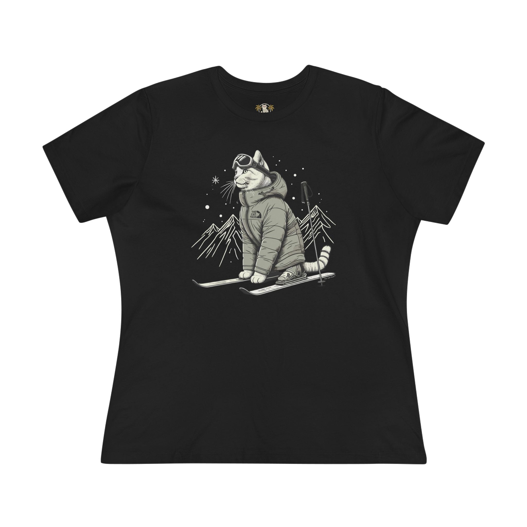 The Cat Face Alpine Explorer Graphic Women's T-Shirt in black, front view