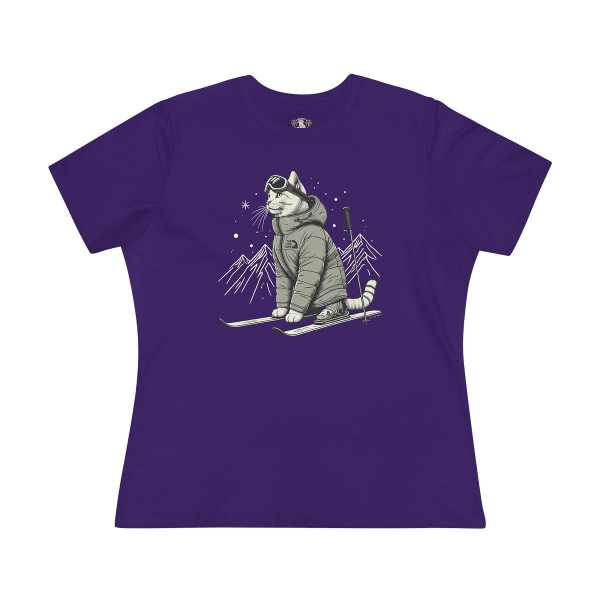 The Cat Face Alpine Explorer Graphic Women's T-Shirt in team purple, front view