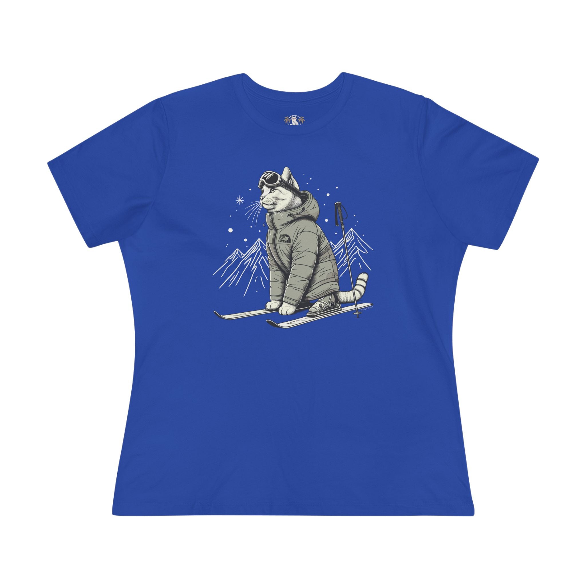 The Cat Face Alpine Explorer Graphic Women's T-Shirt in true royal, front view