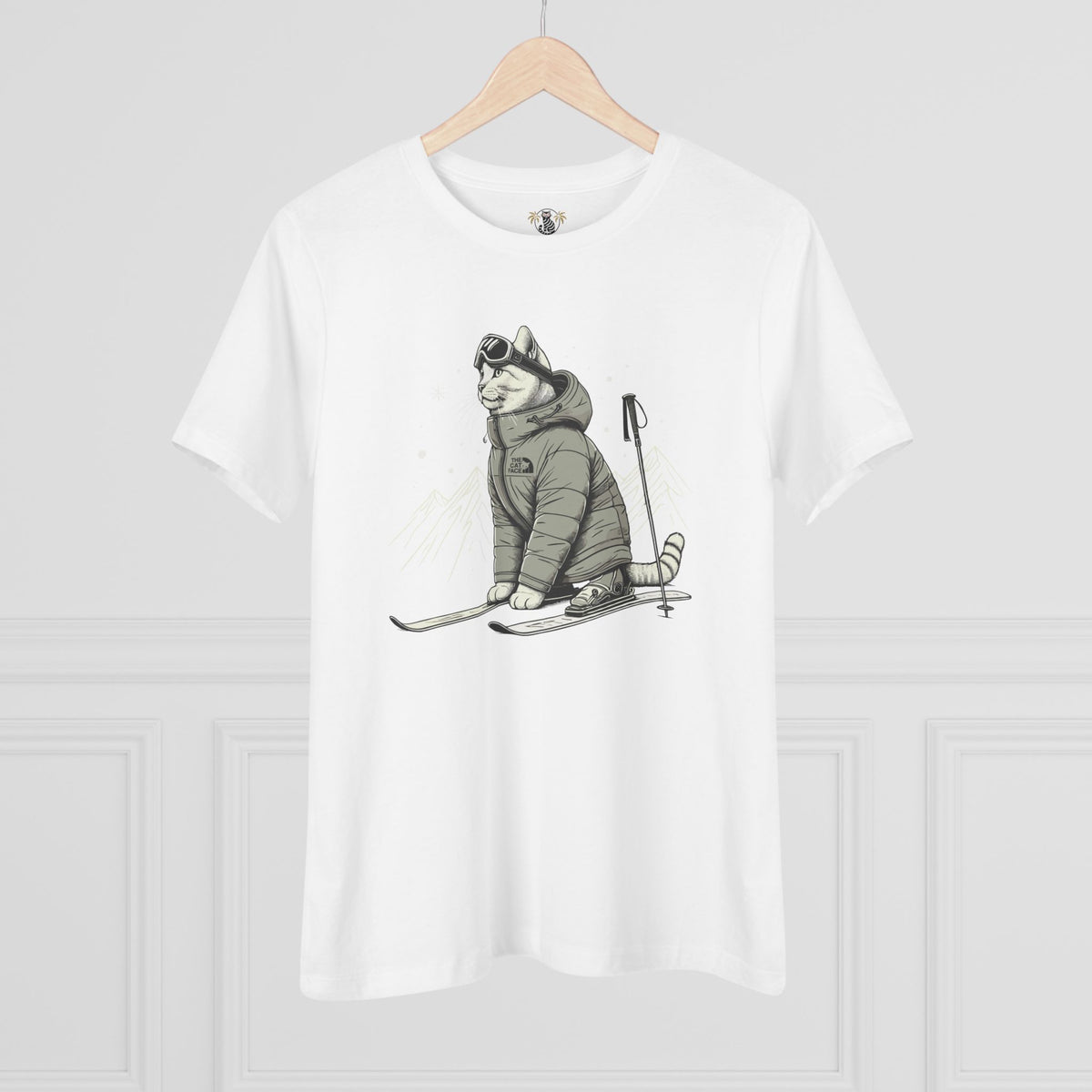 The Cat Face Alpine Explorer Graphic Women's T-Shirt in white, flat lay