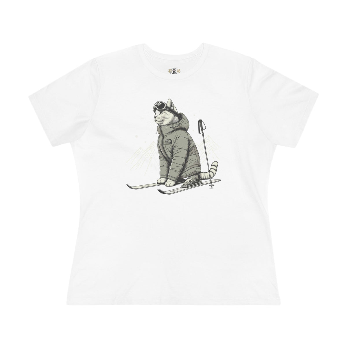 The Cat Face Alpine Explorer Graphic Women's T-Shirt in white, front view