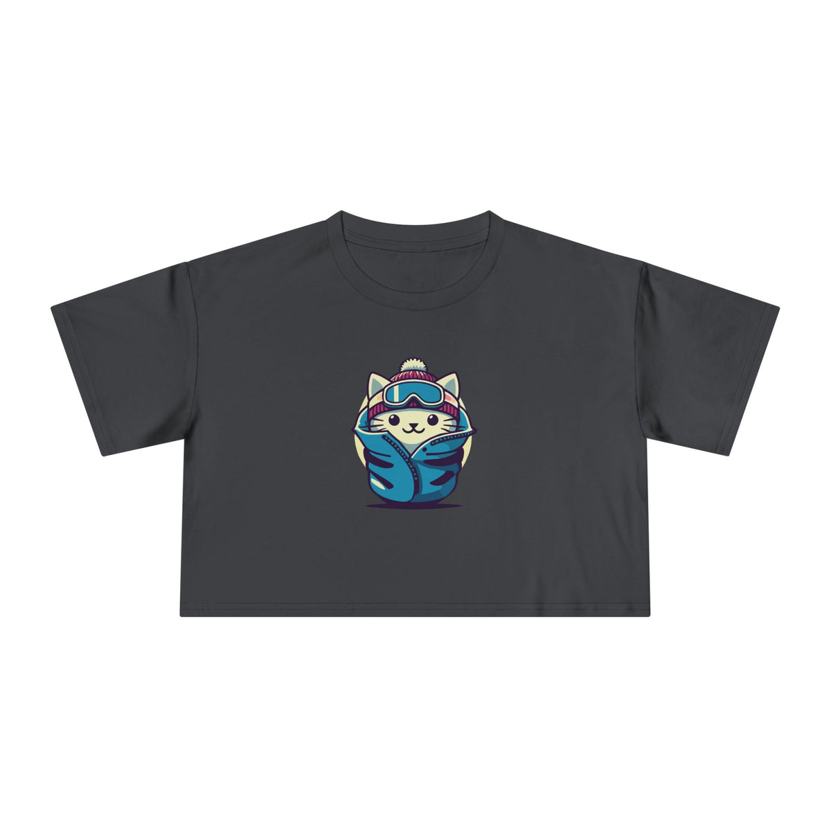 The Cat Face Apres Ski Kitty Women's Crop Top in coal, front view