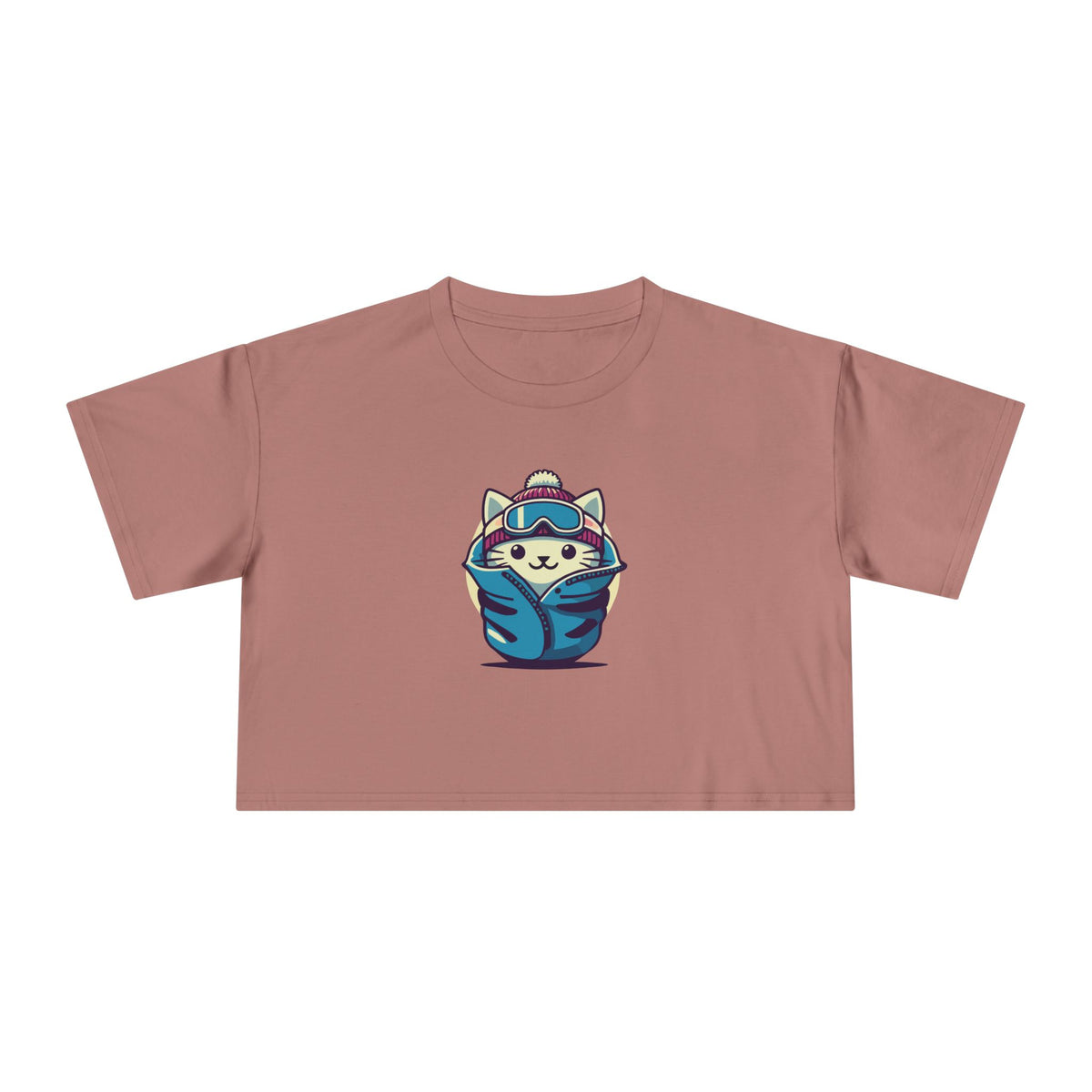 The Cat Face Apres Ski Kitty Women's Crop Top in hazy pink, front view