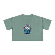 The Cat Face Apres Ski Kitty Women's Crop Top in sage, front view