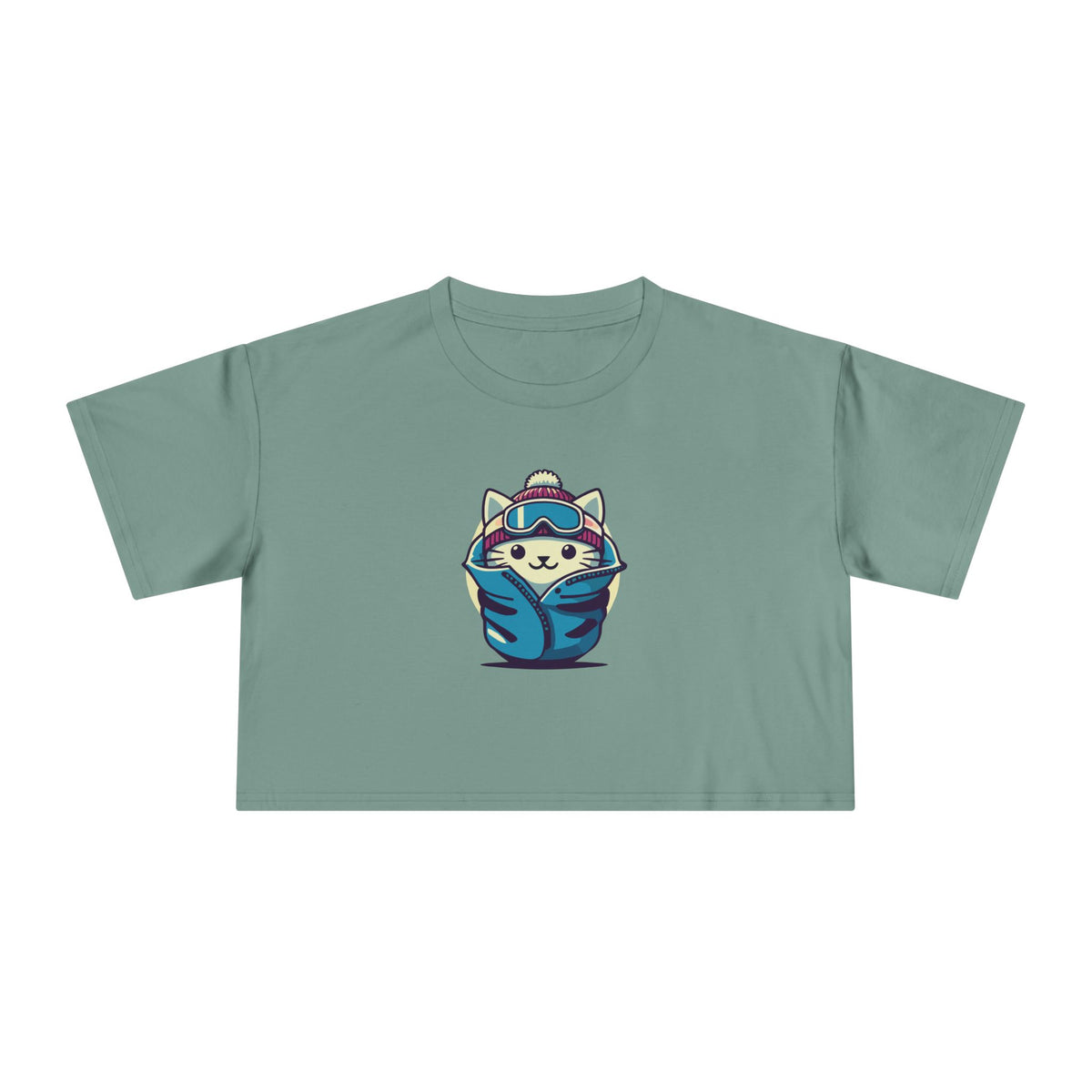 The Cat Face Apres Ski Kitty Women's Crop Top in sage, front view