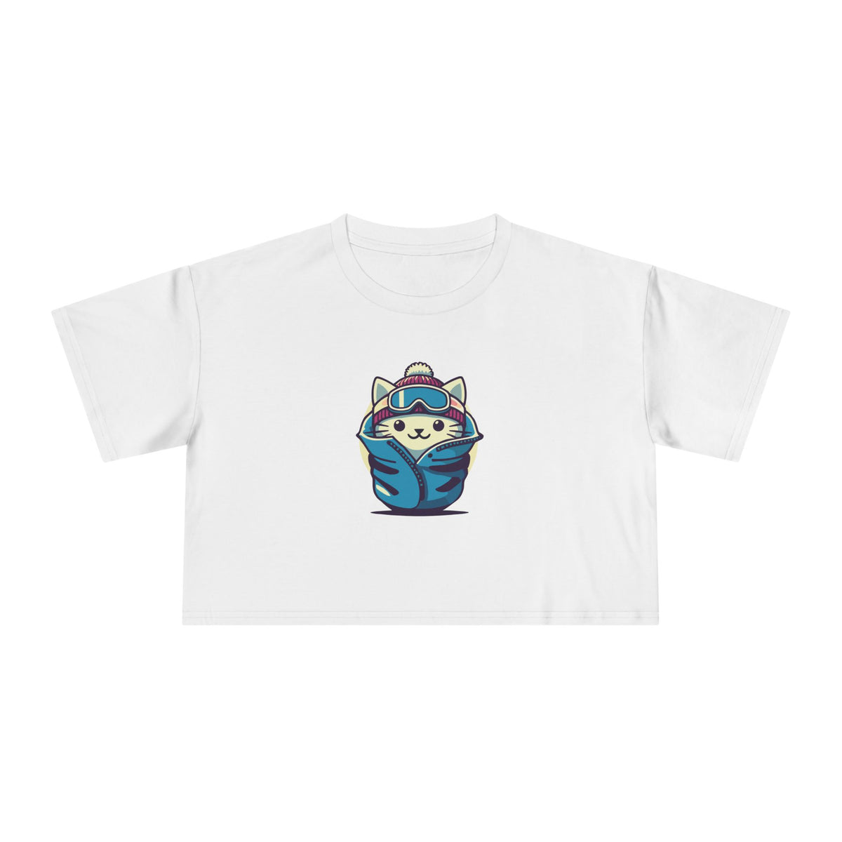 The Cat Face Apres Ski Kitty Women's Crop Top in white, front view