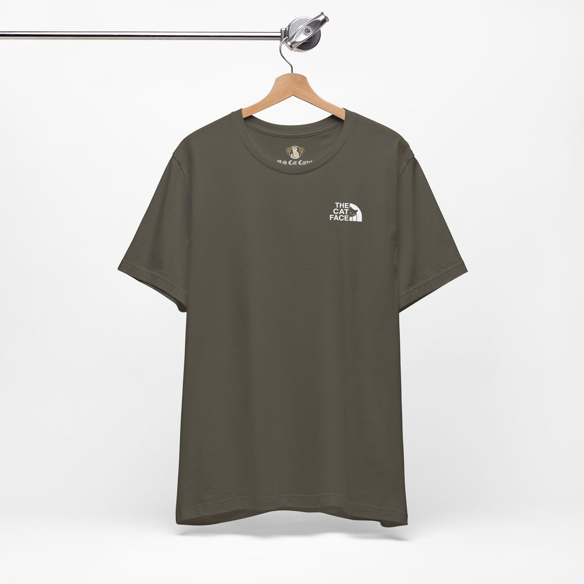 The Cat Face Classic Mini Chest Logo T-Shirt in army, on a hanger