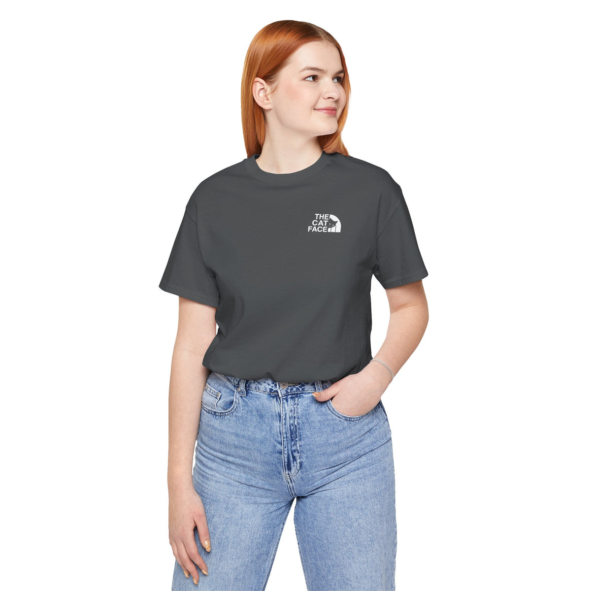 The Cat Face Classic Mini Chest Logo T-Shirt in asphalt, worn by a female model