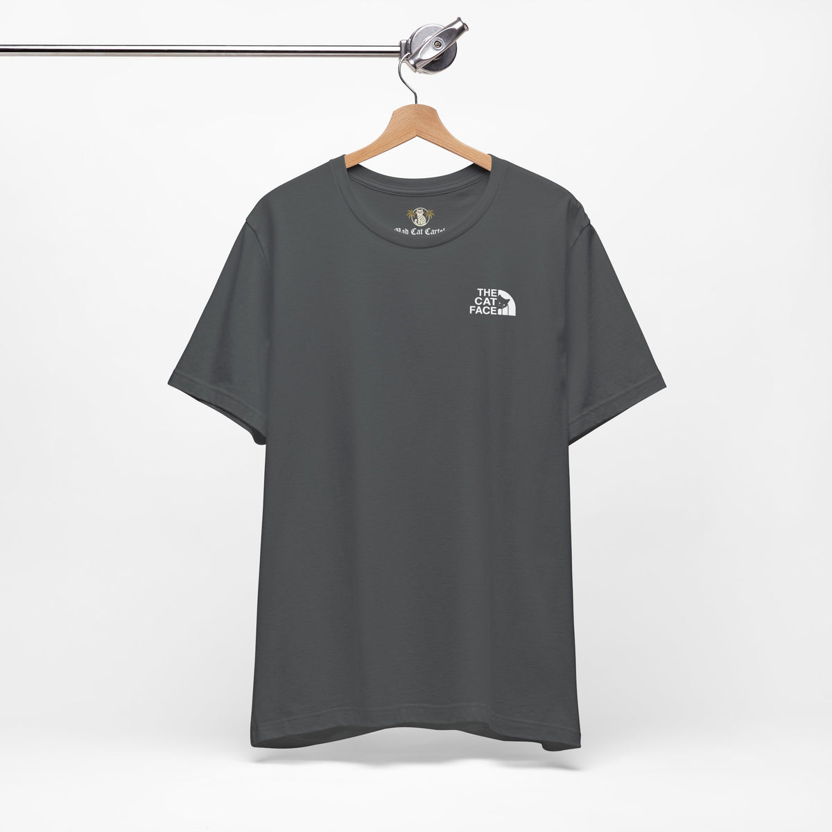 The Cat Face Classic Mini Chest Logo T-Shirt in asphalt, on a hanger