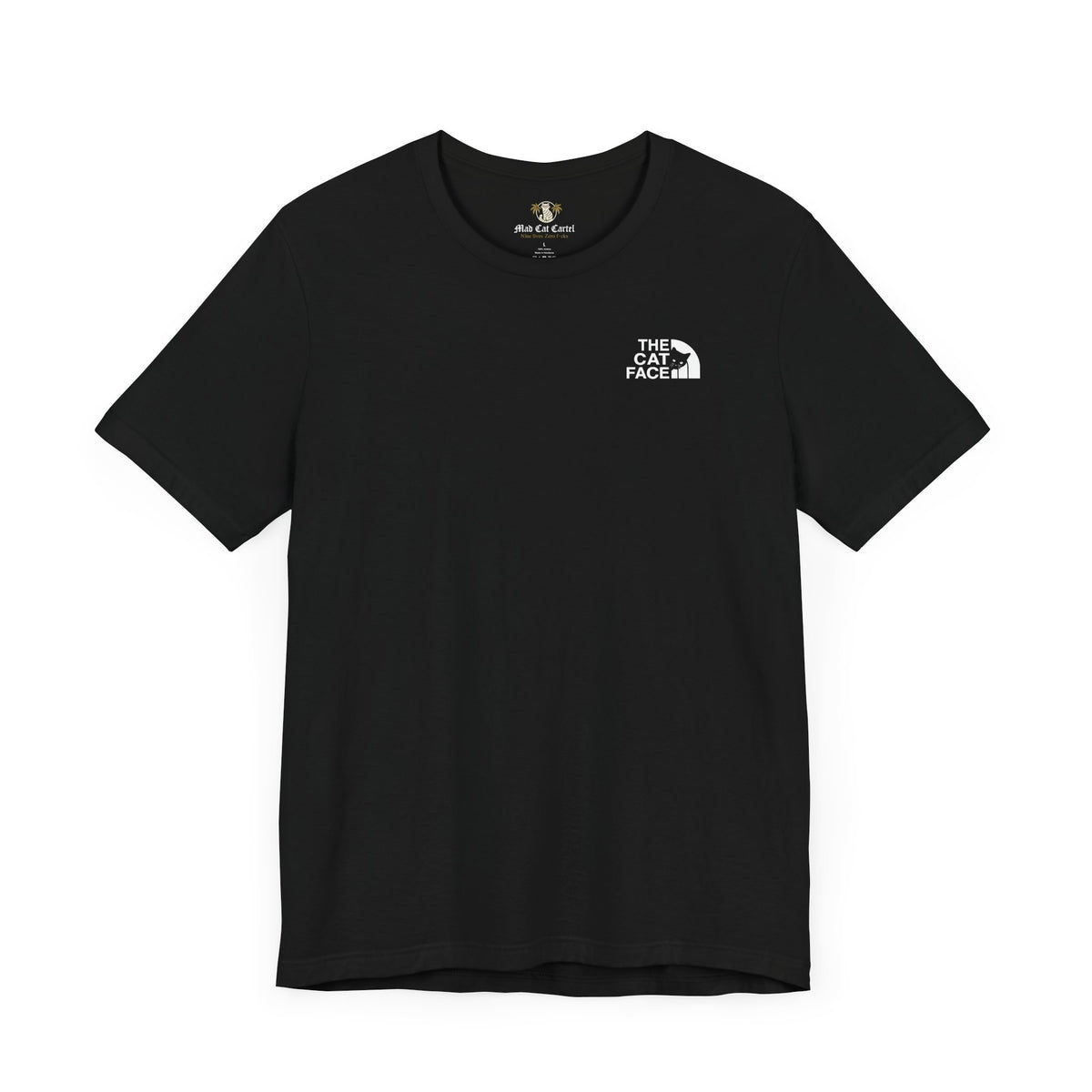 The Cat Face Classic Mini Chest Logo T-Shirt in black, flat lay
