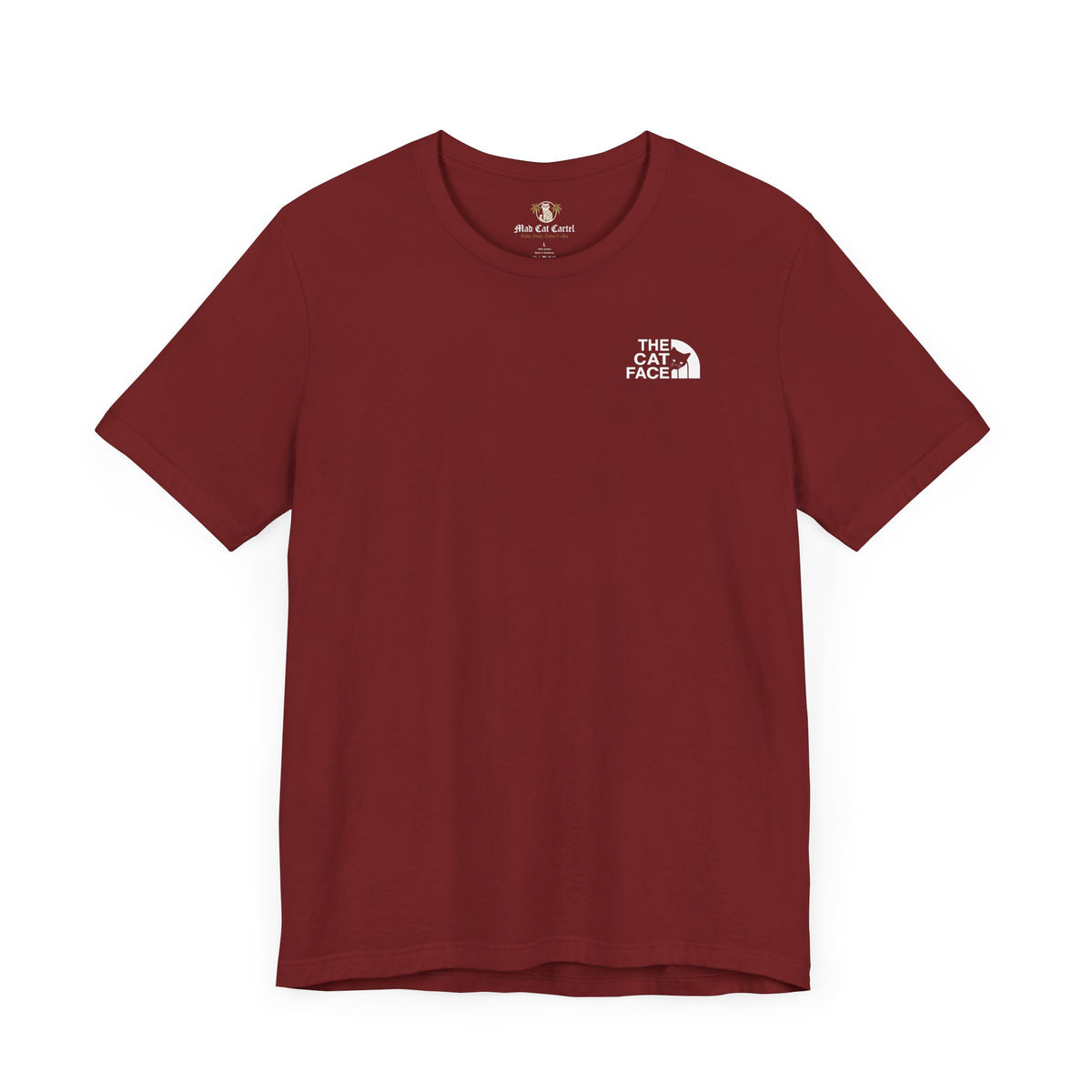 The Cat Face Classic Mini Chest Logo T-Shirt in cardinal, flat lay