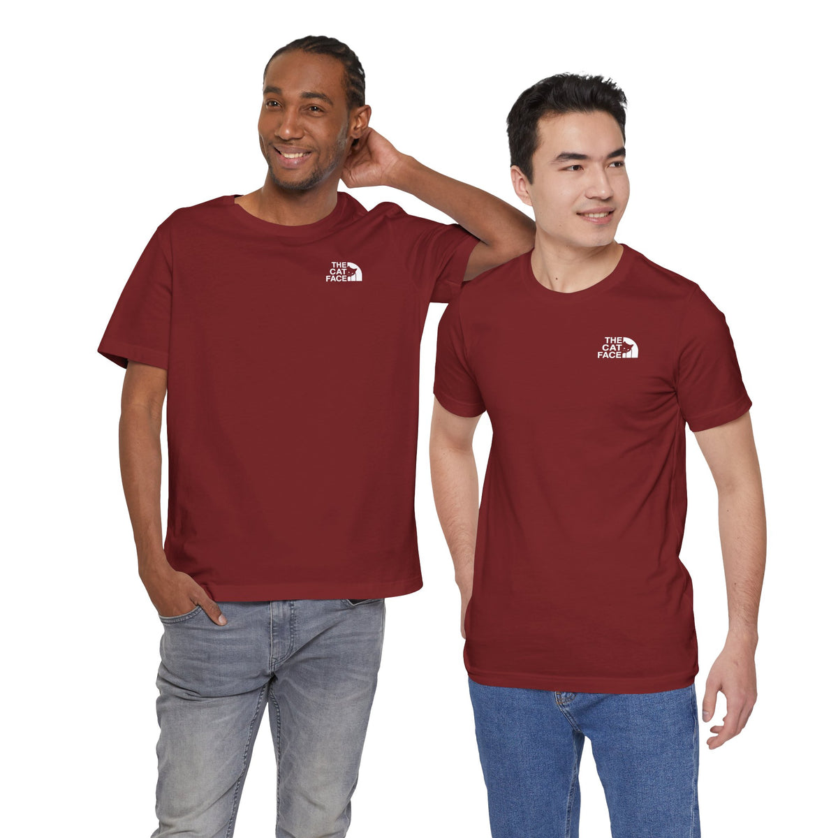 The Cat Face Classic Mini Chest Logo T-Shirt in cardinal, worn by two models