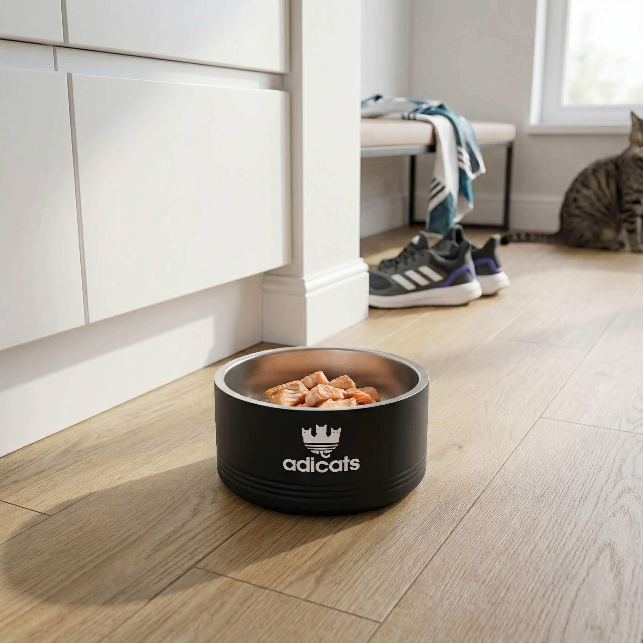 Black pet bowl with food on a wooden floor, Adidas shoes in the background