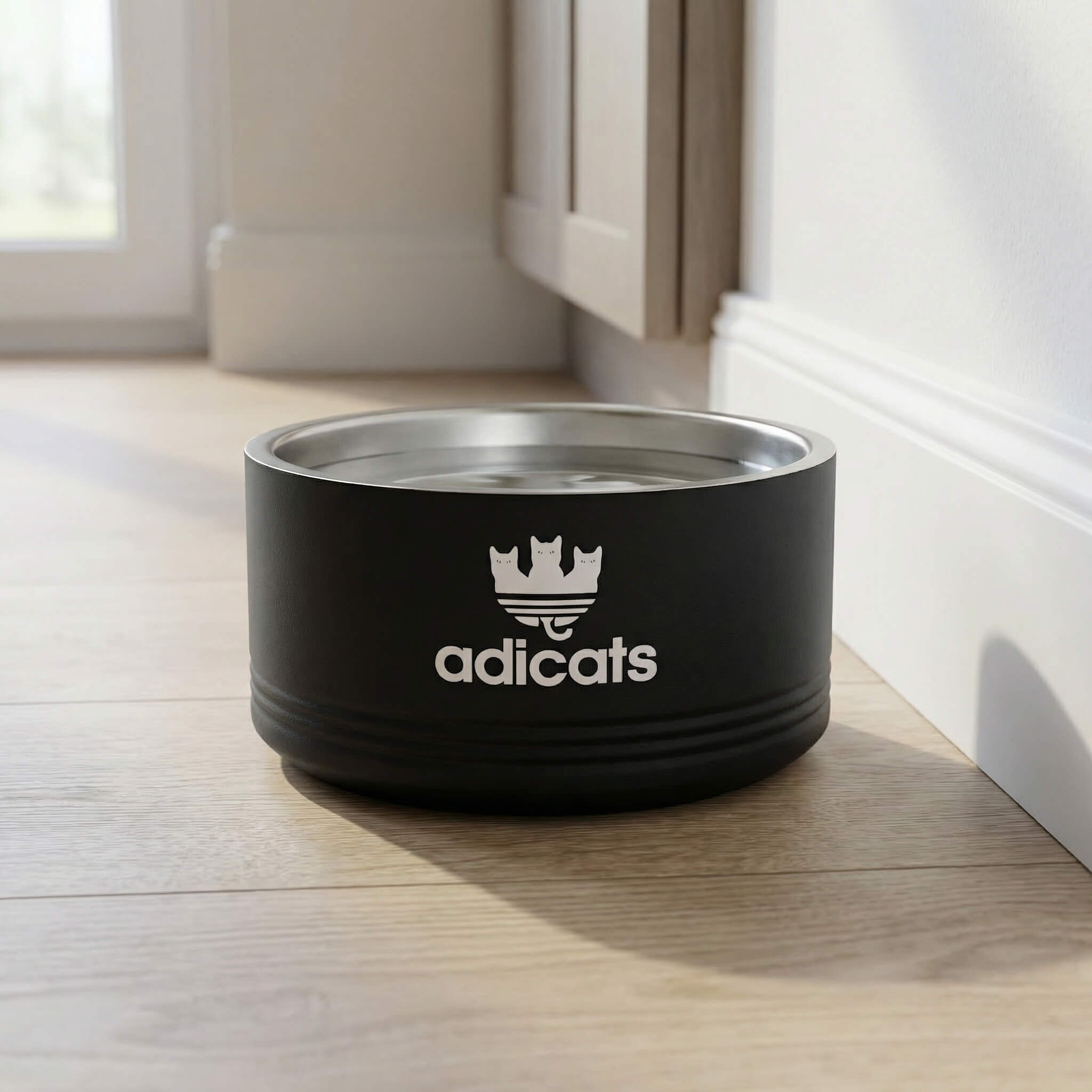Black cat bowl with Adicats logo on a wooden floor