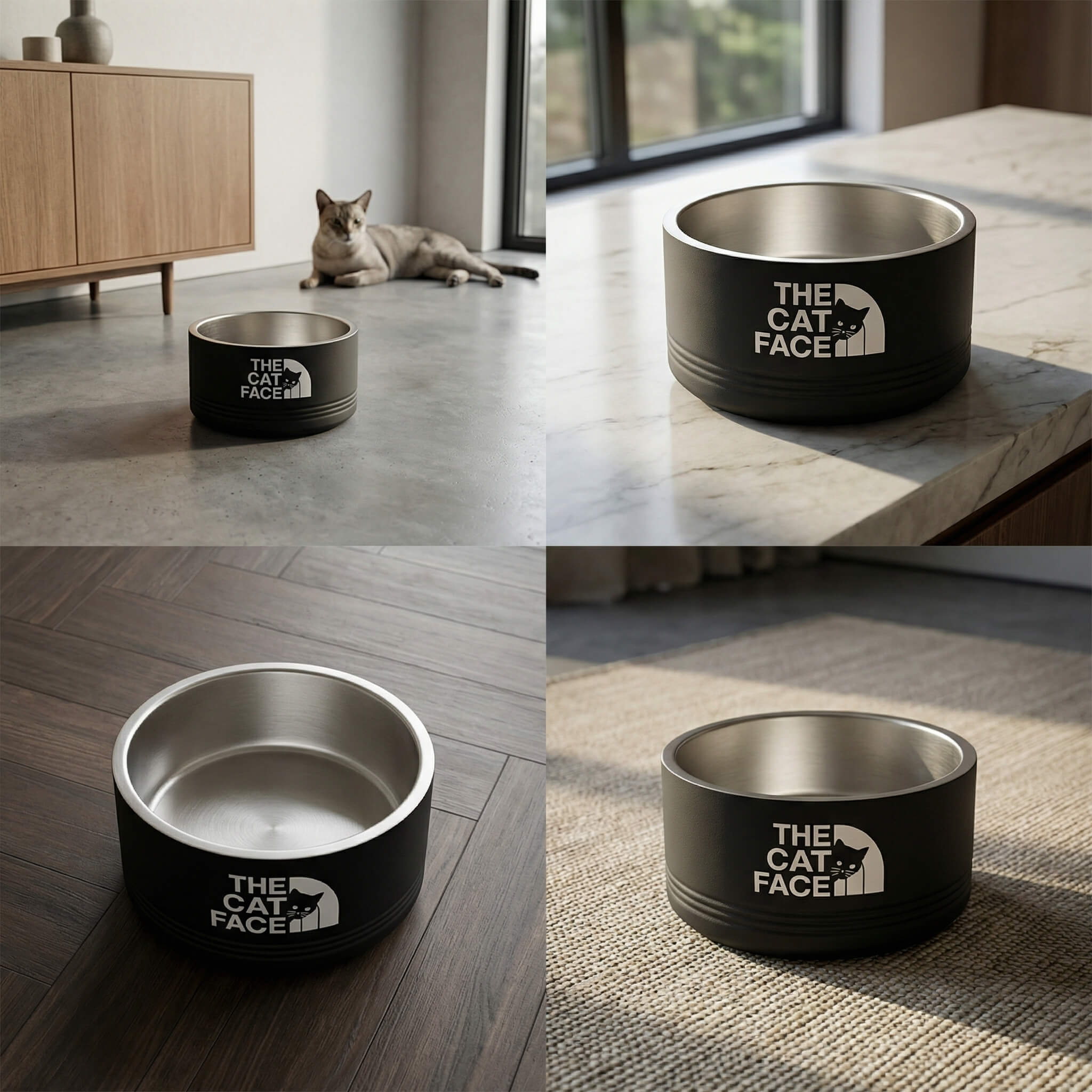 Collage of black pet bowls with The Cat Face logo on different flooring types