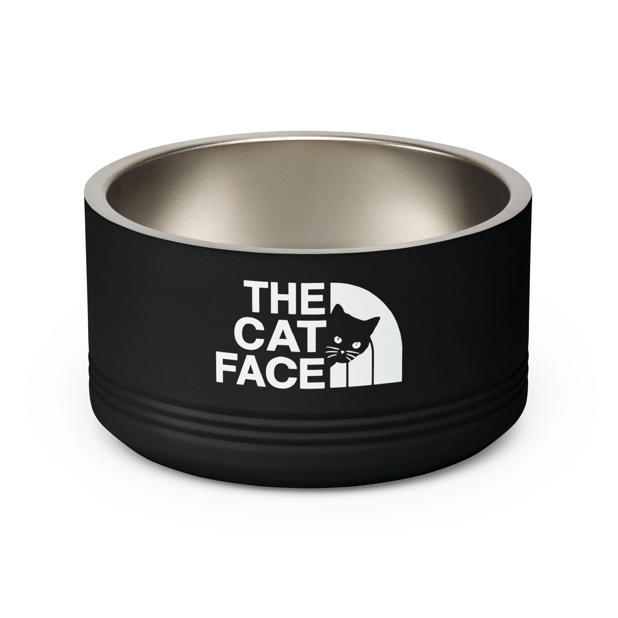 The Cat Face Designer Stainless Steel Cat Bowl in black, front view