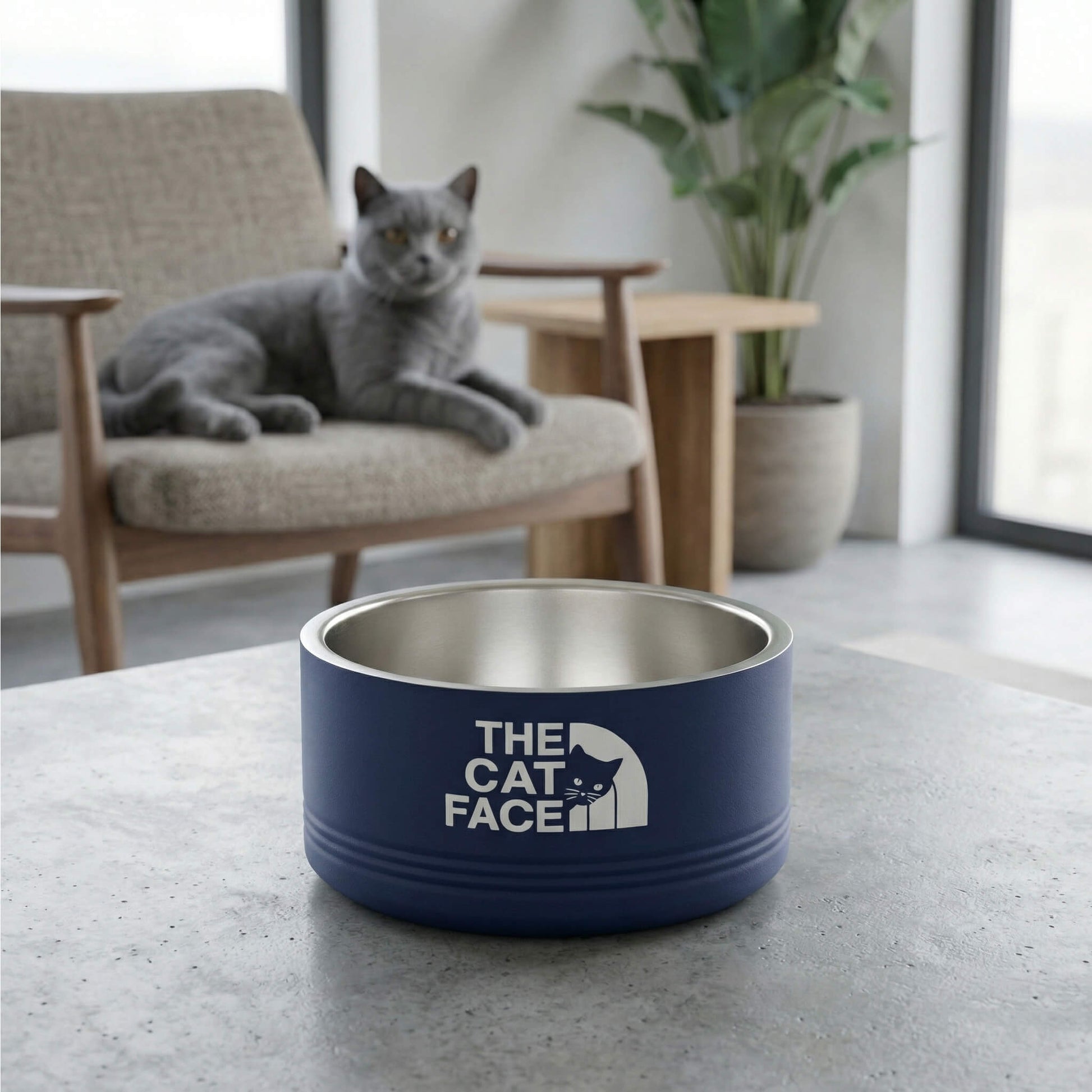 The Cat Face designer cat bowl with gray cat on counter Mad Cat Cartel