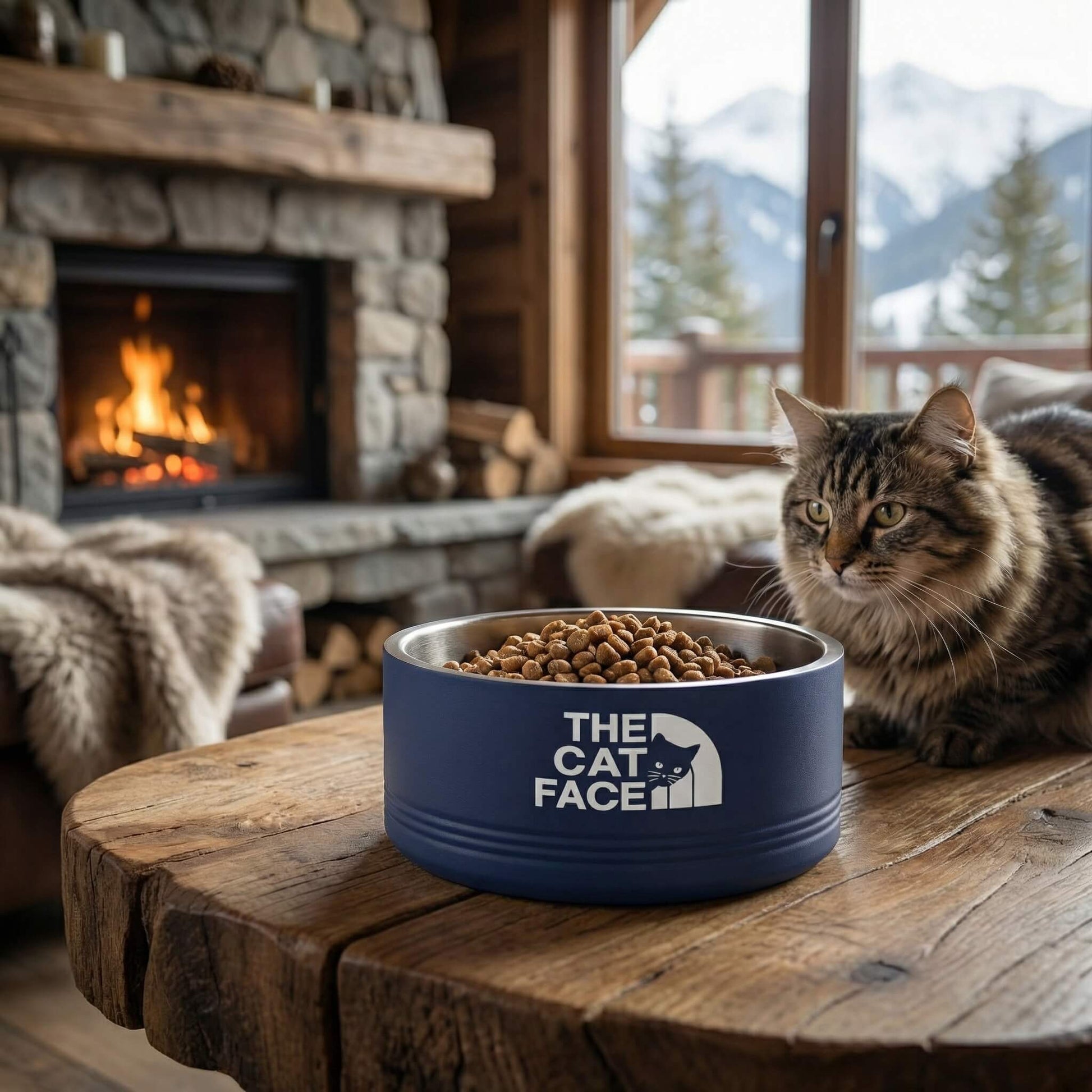 Cat sitting next to a blue 'The Cat Face' bowl filled with cat food in a cozy room with a fireplace and mountain view
