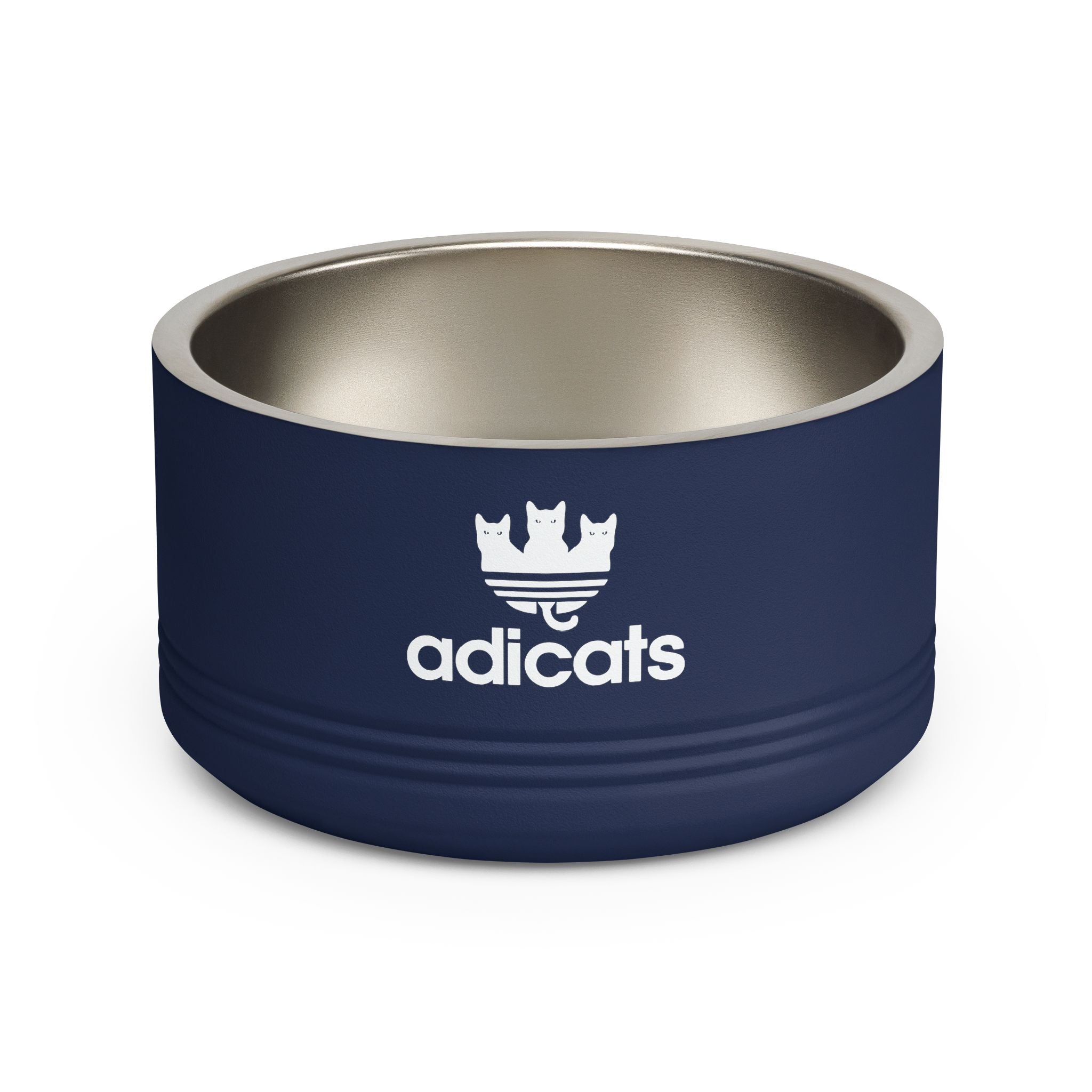 Navy blue pet bowl stainless steel pet food bowl with Adicats logo on a white background