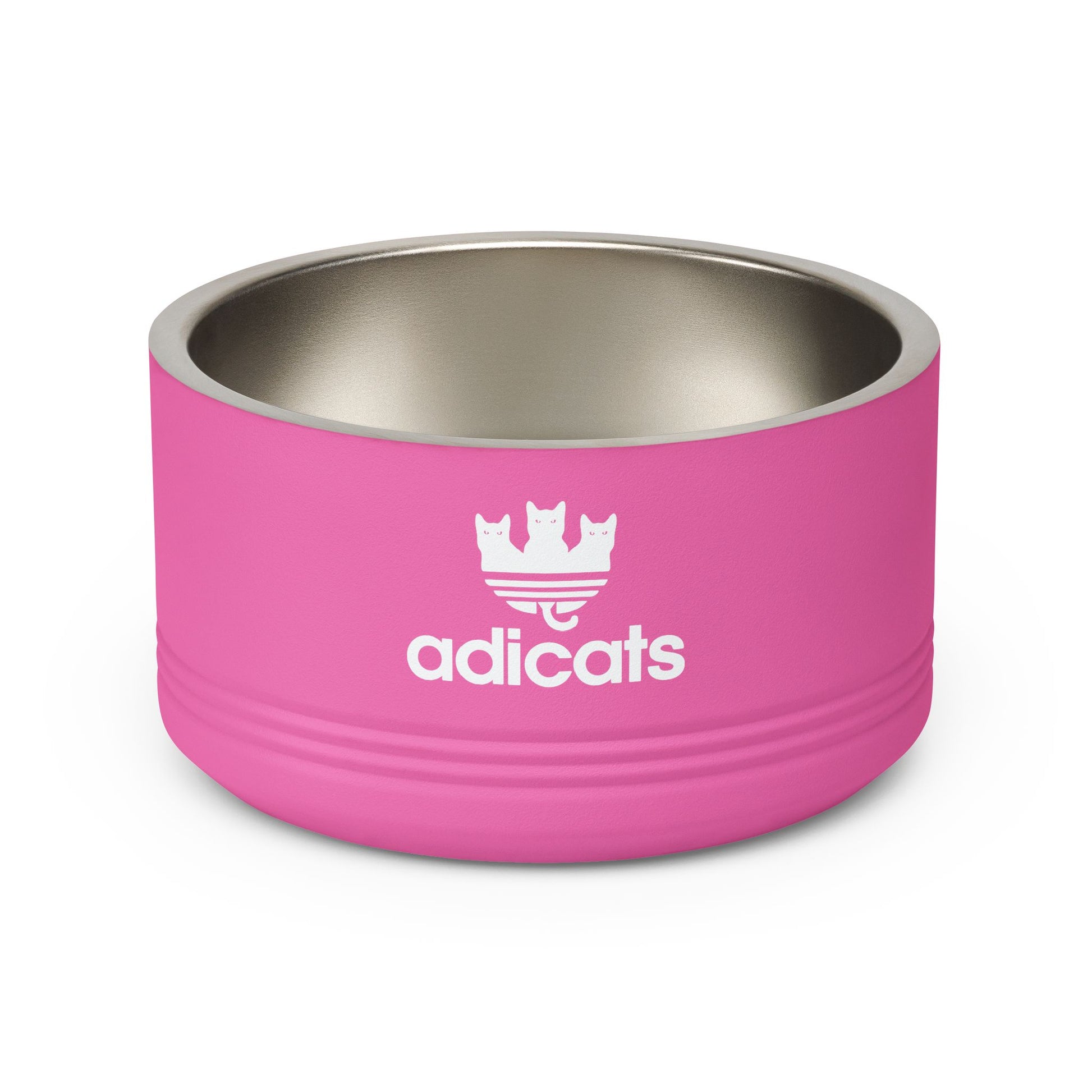 Pink cat bowl with silver interior and adicats logo on a white background