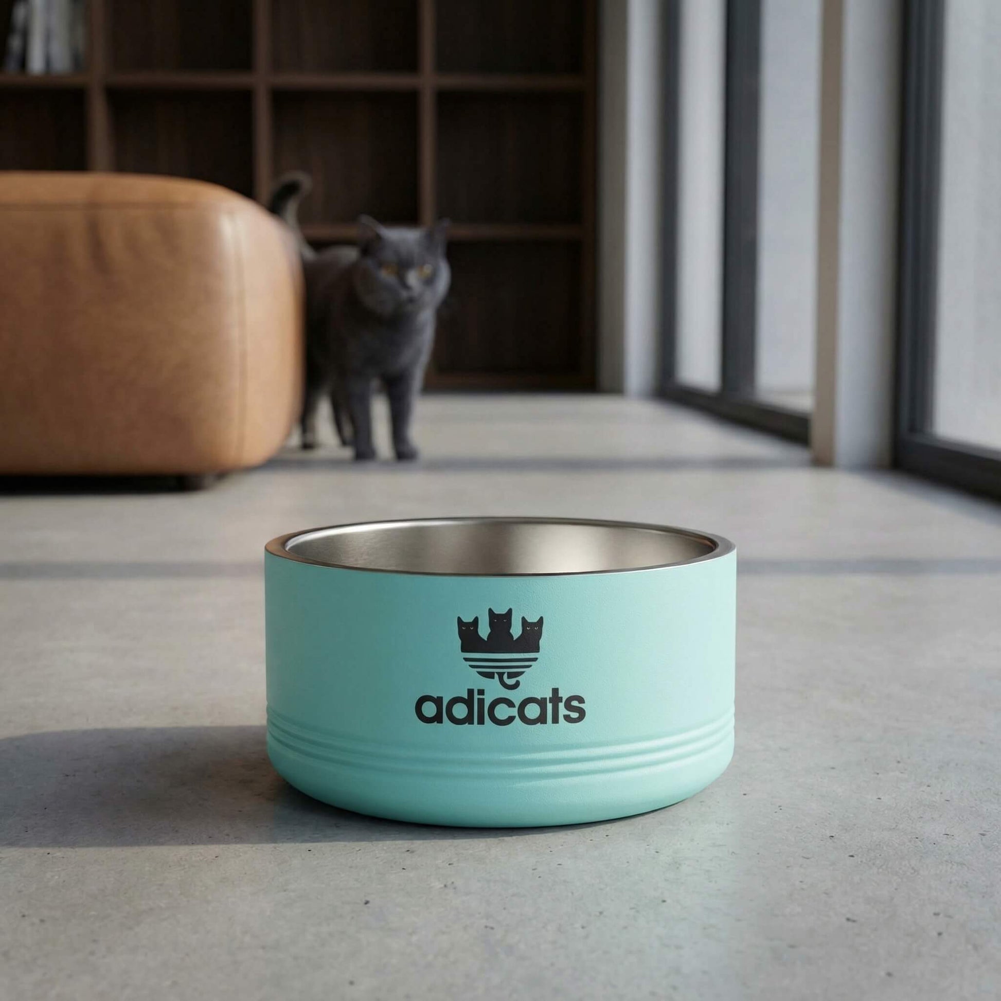 Turquoise pet bowl with adicats logo on a concrete floor, cat in the background.