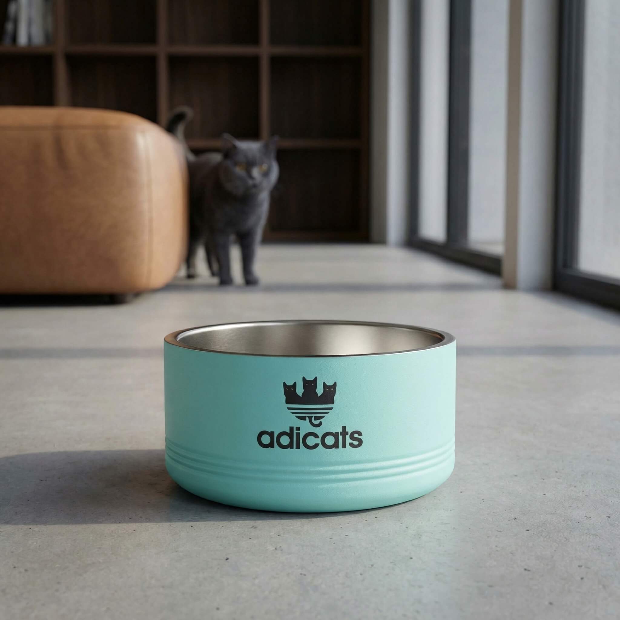 Turquoise pet bowl with adicats logo on a concrete floor, cat in the background.