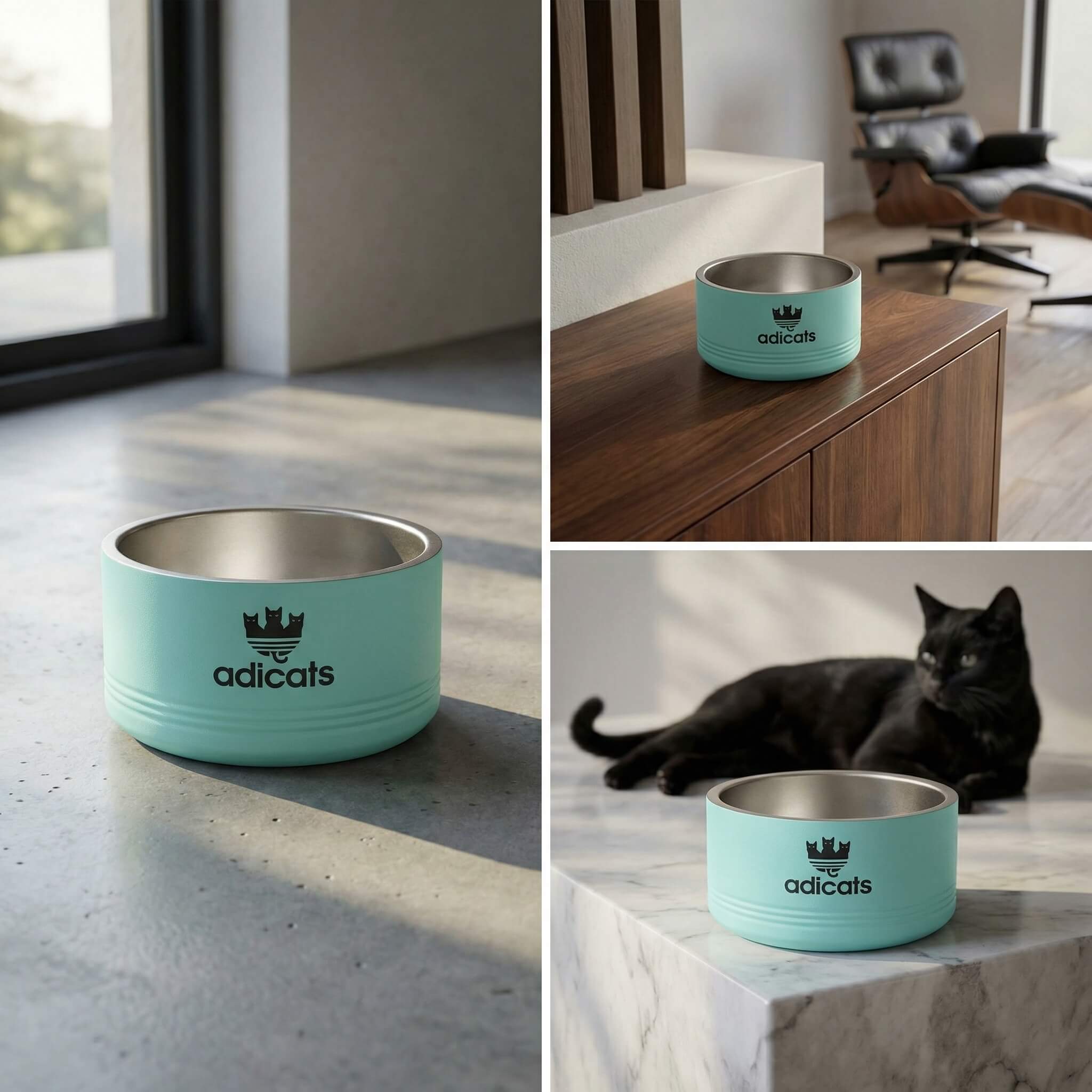 Collage of teal pet bowls with adicats branding in various settings.