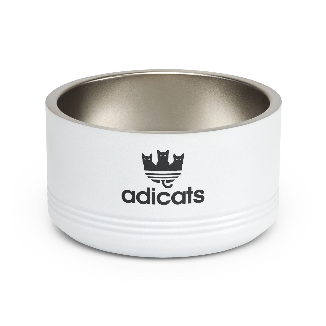 White cat bowl with stainless steel interior and Adicats logo on a white background