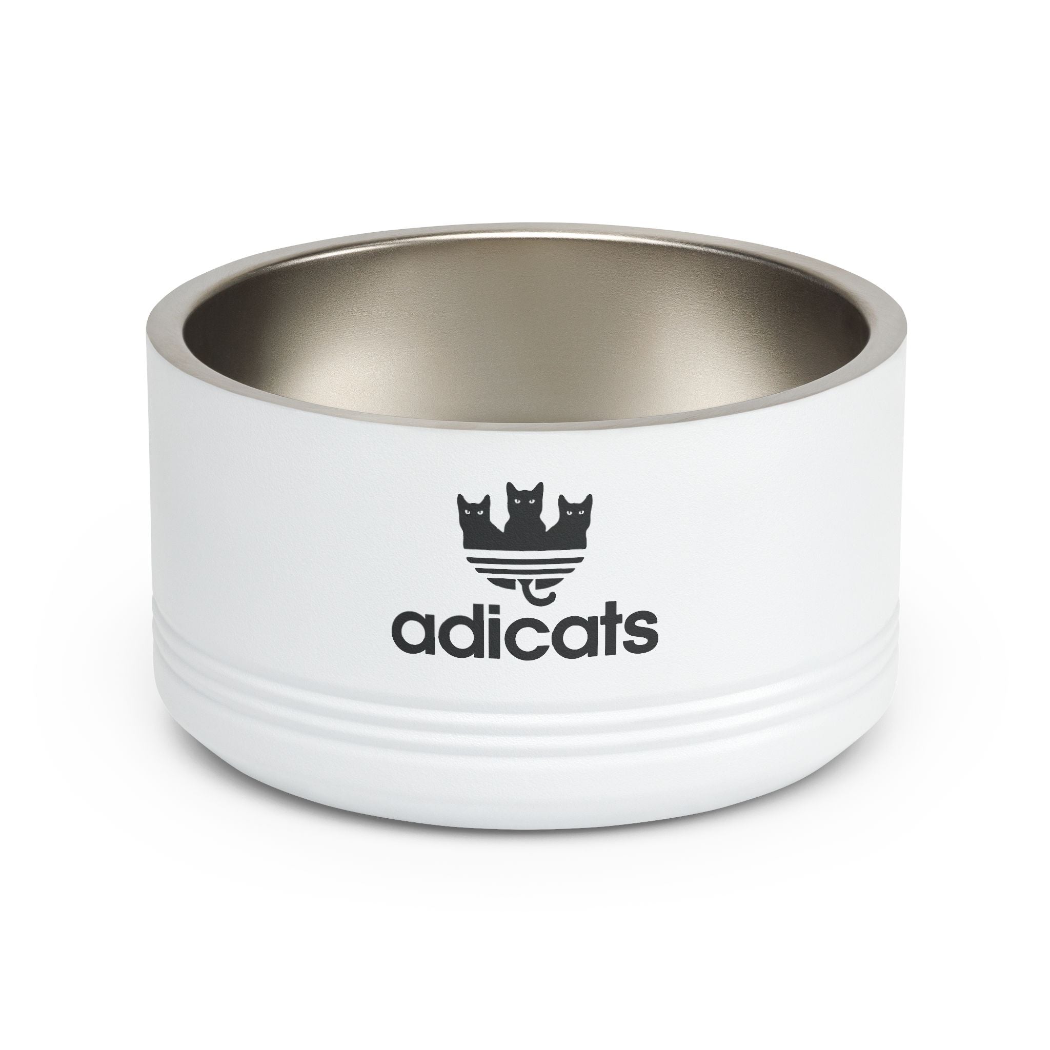 White cat bowl with stainless steel interior and Adicats logo on a white background