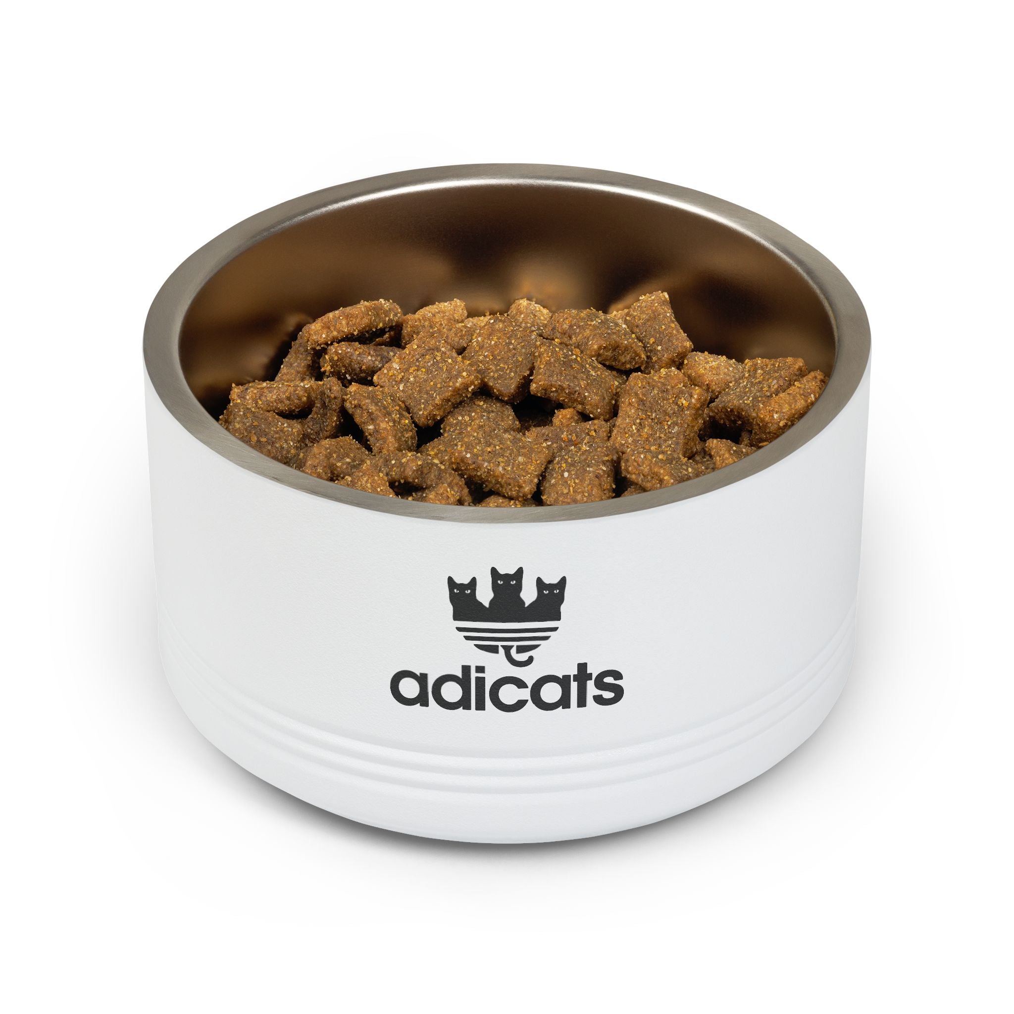 Adicats Logo Stainless Steel Cat Bowl in white, filled with cat food