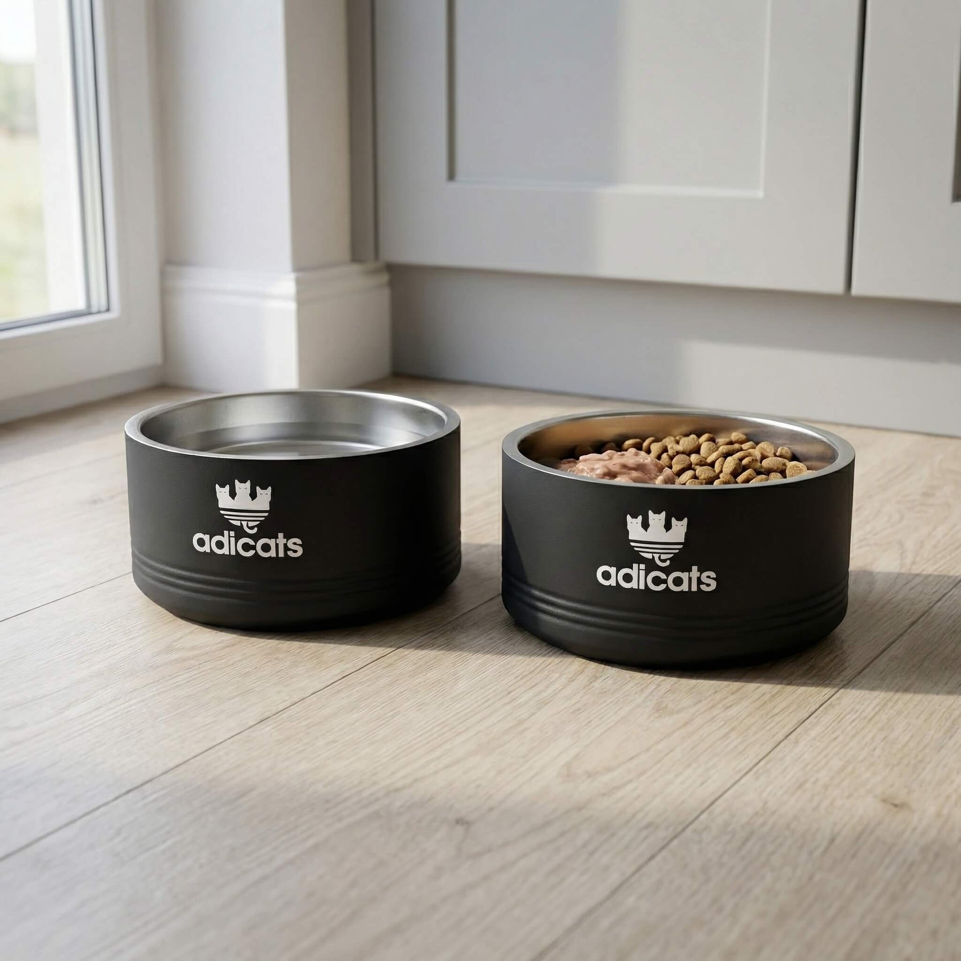Two black cat bowls with adicats branding on a wooden floor