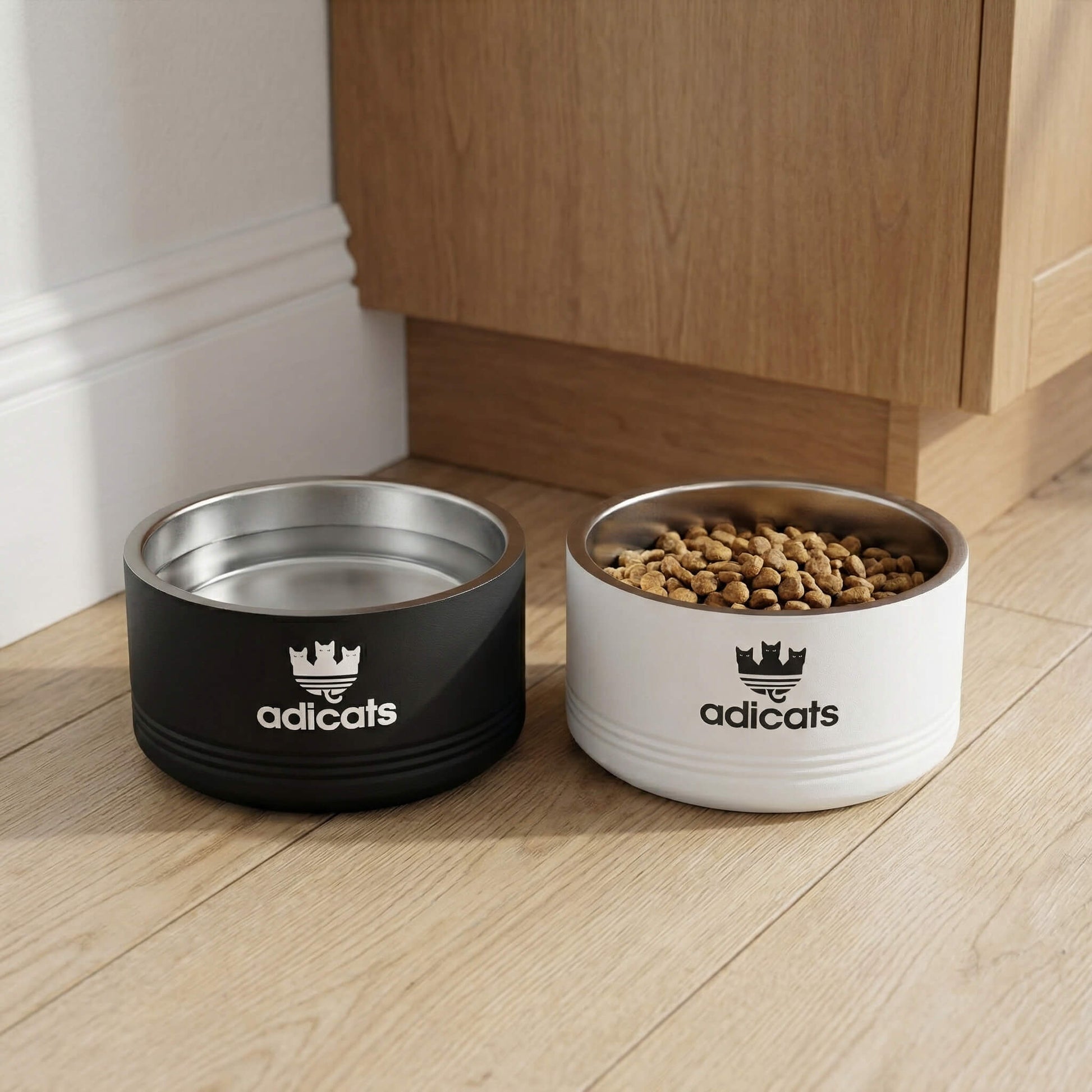Two cat bowls, one black and one white, with 'adicats' designer logo on a wooden floor.