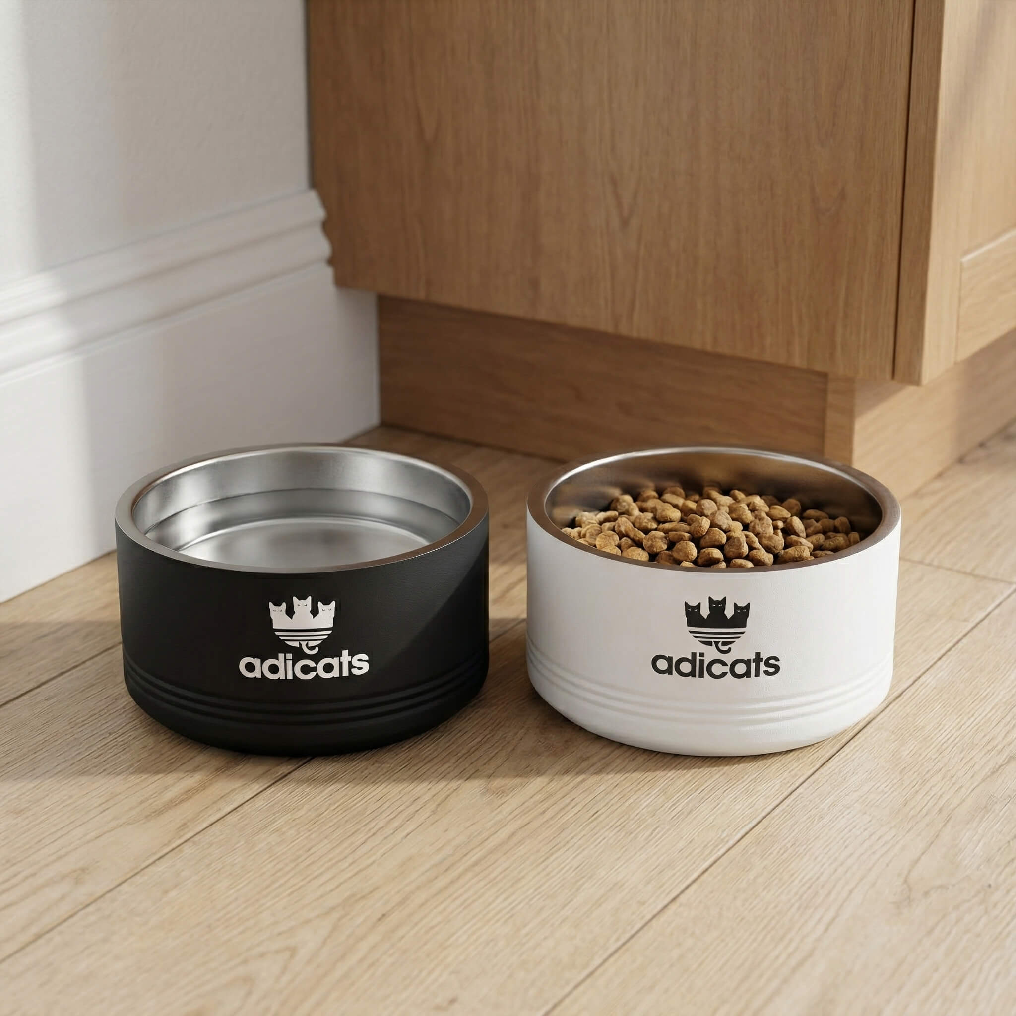 Two cat bowls, one black and one white, with 'adicats' designer logo on a wooden floor.