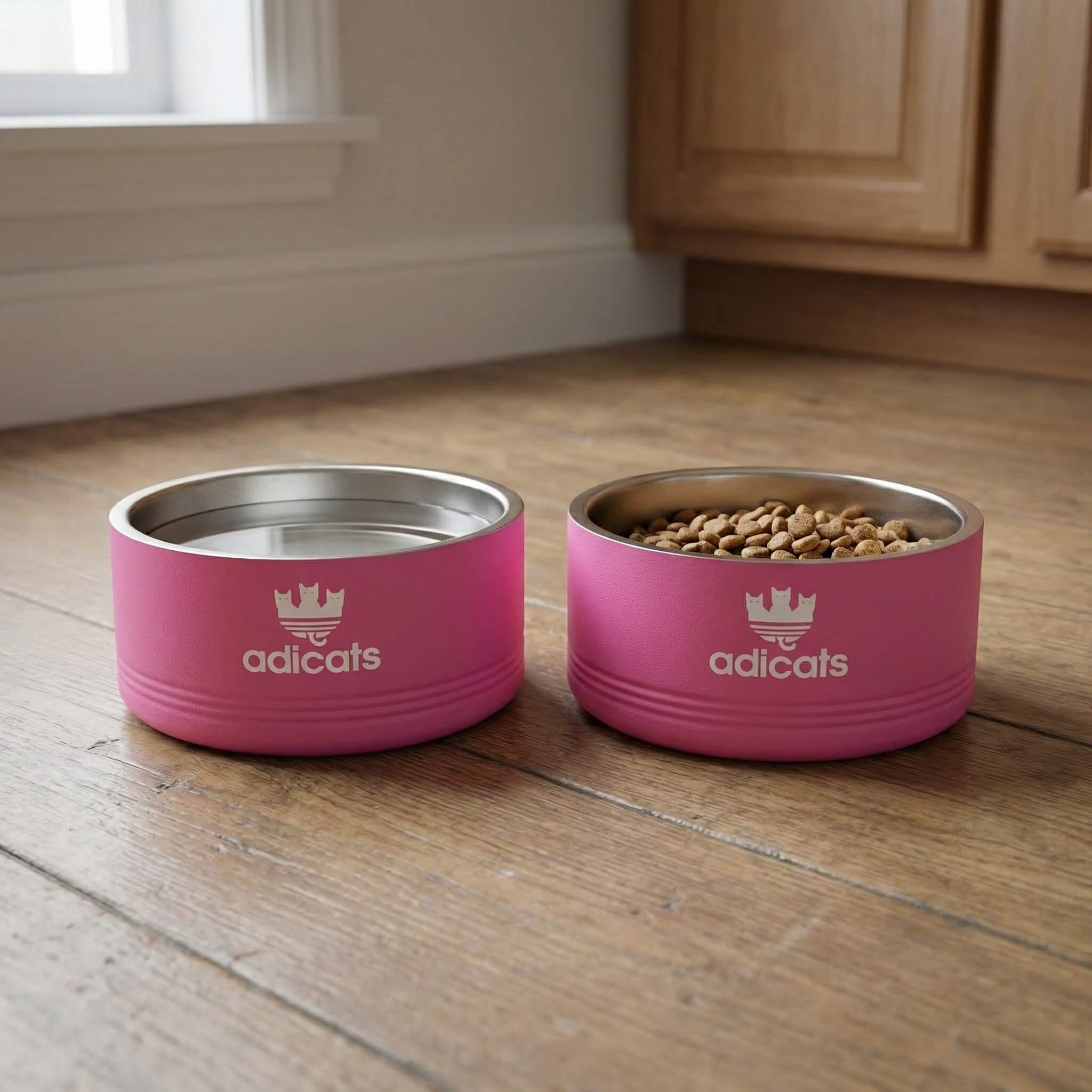 Two pink pet bowls with 'adicats' parody logos on a wooden floor
