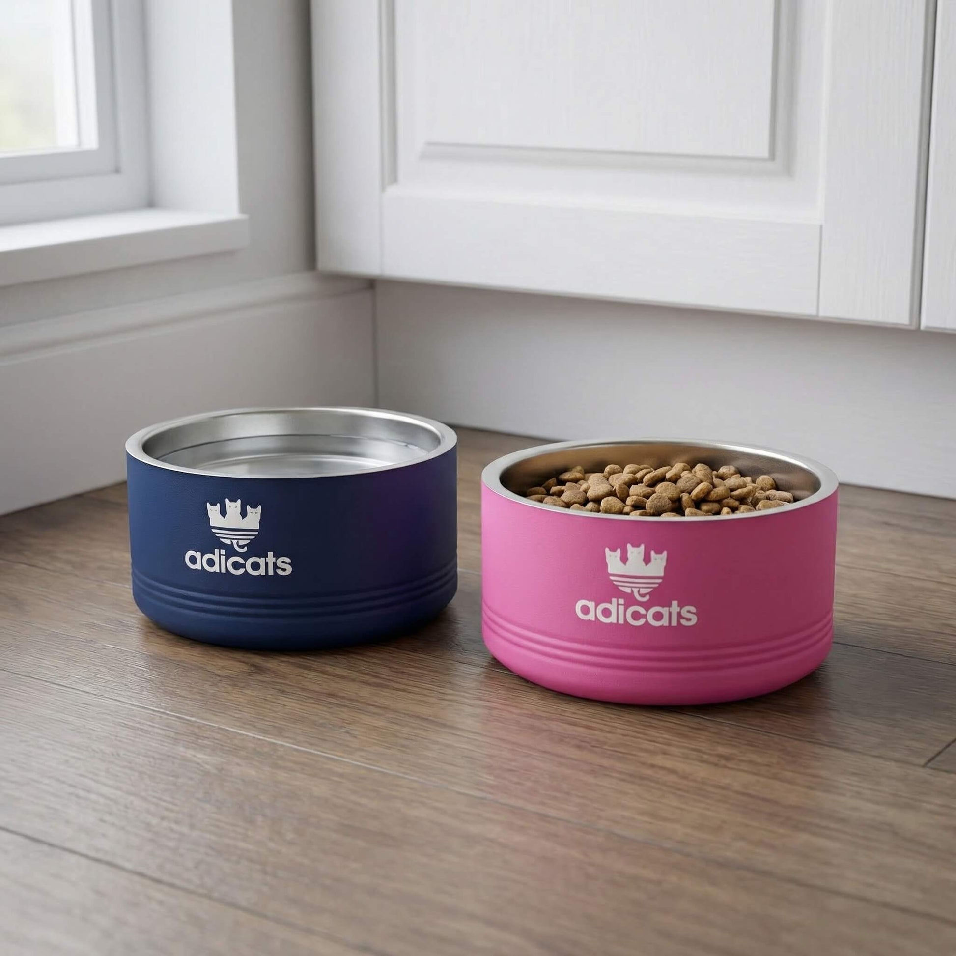 Two cat food bowls, one blue and one pink, with 'adicats' branding on a wooden floor