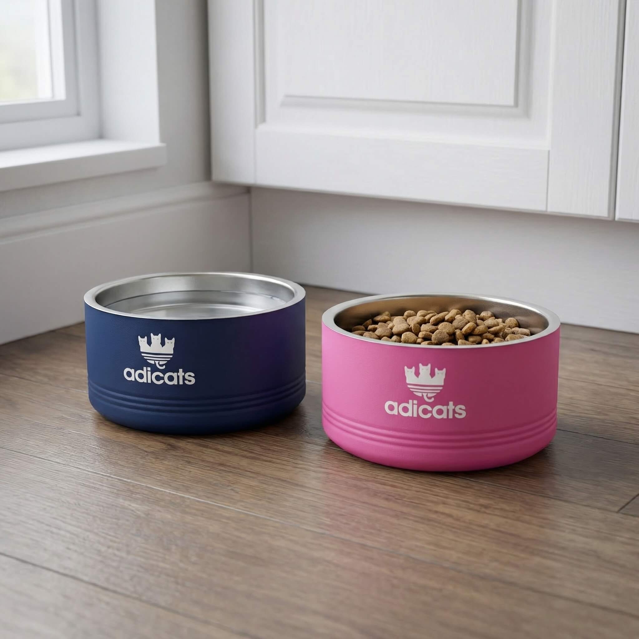 Two cat food bowls, one blue and one pink, with 'adicats' branding on a wooden floor