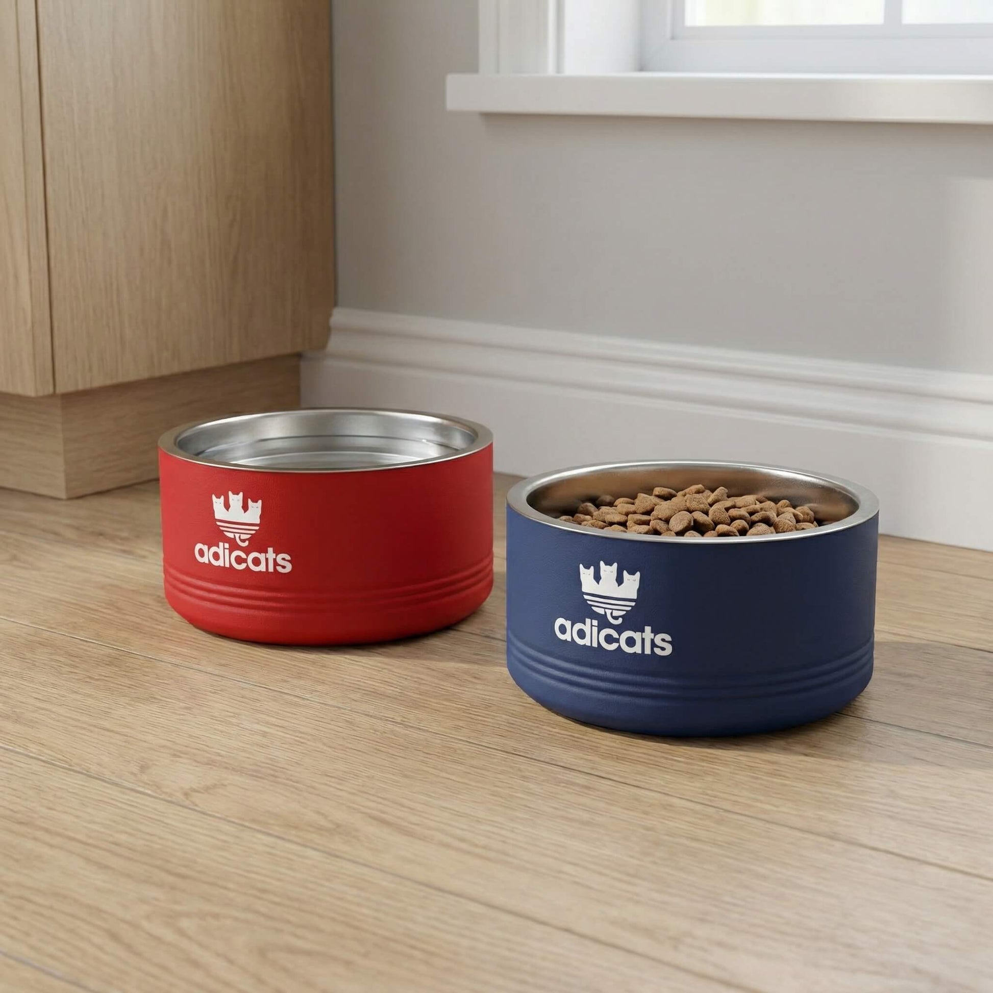 Two cat bowls, one red and one blue, with 'adicats' parody logo on a wooden floor