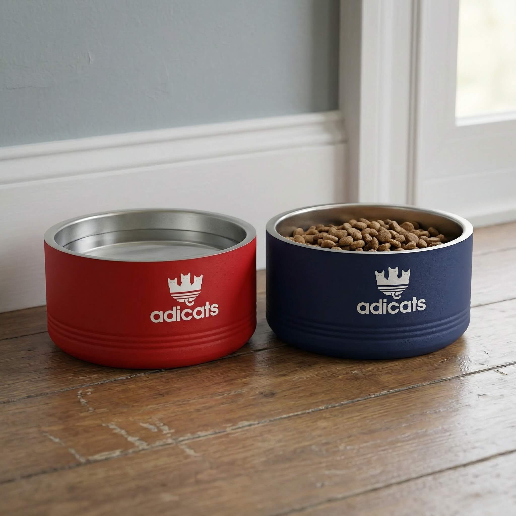 Red and blue cat food bowls with 'adicats' logo on a wooden floor.