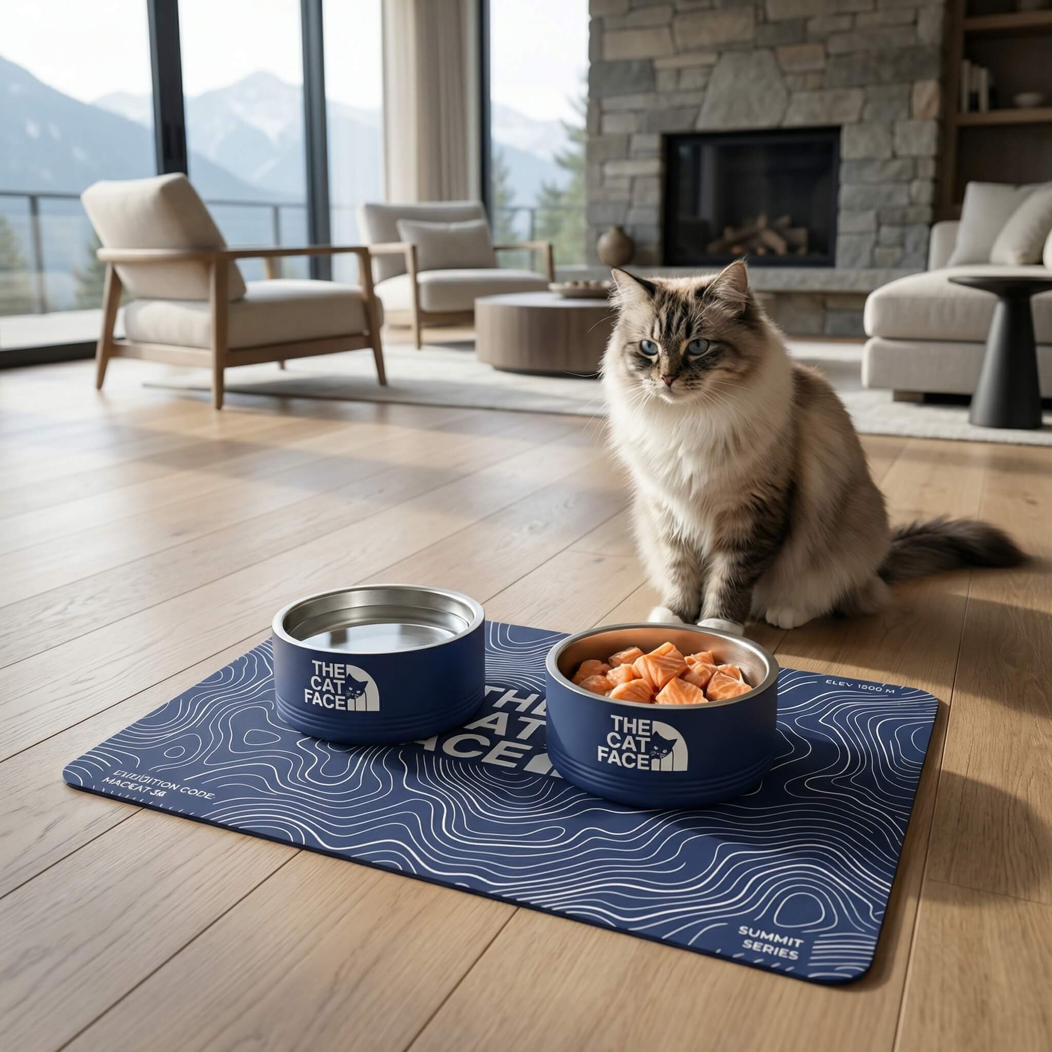 The Cat Face Designer Stainless Steel Cat Bowl in navy, with a cat, on The Cat Face Summit Terrain Designer Cat Feeding Mat