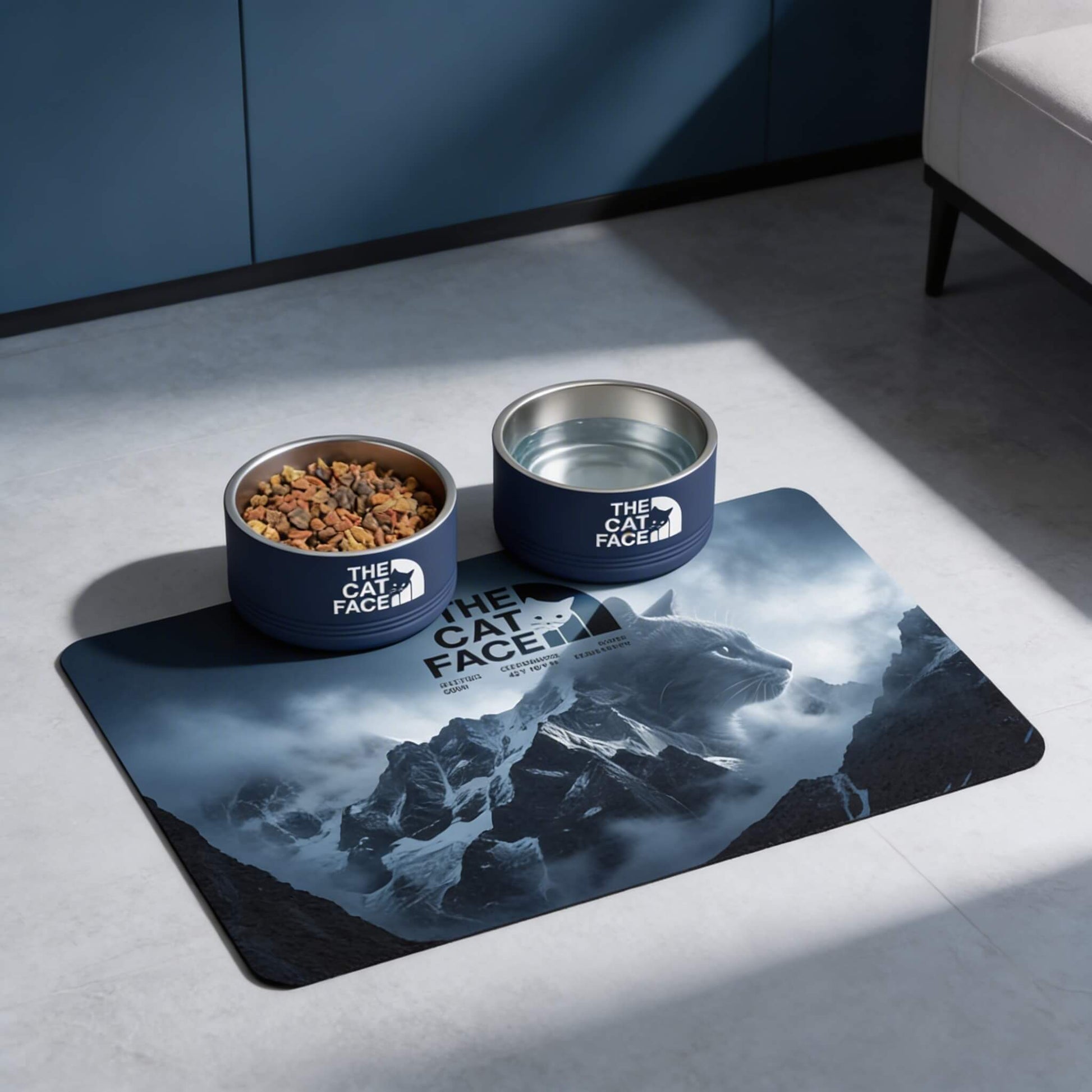 The Cat Face Expedition designer cat food mat with bowls in modern interior by Mad Cat Cartel