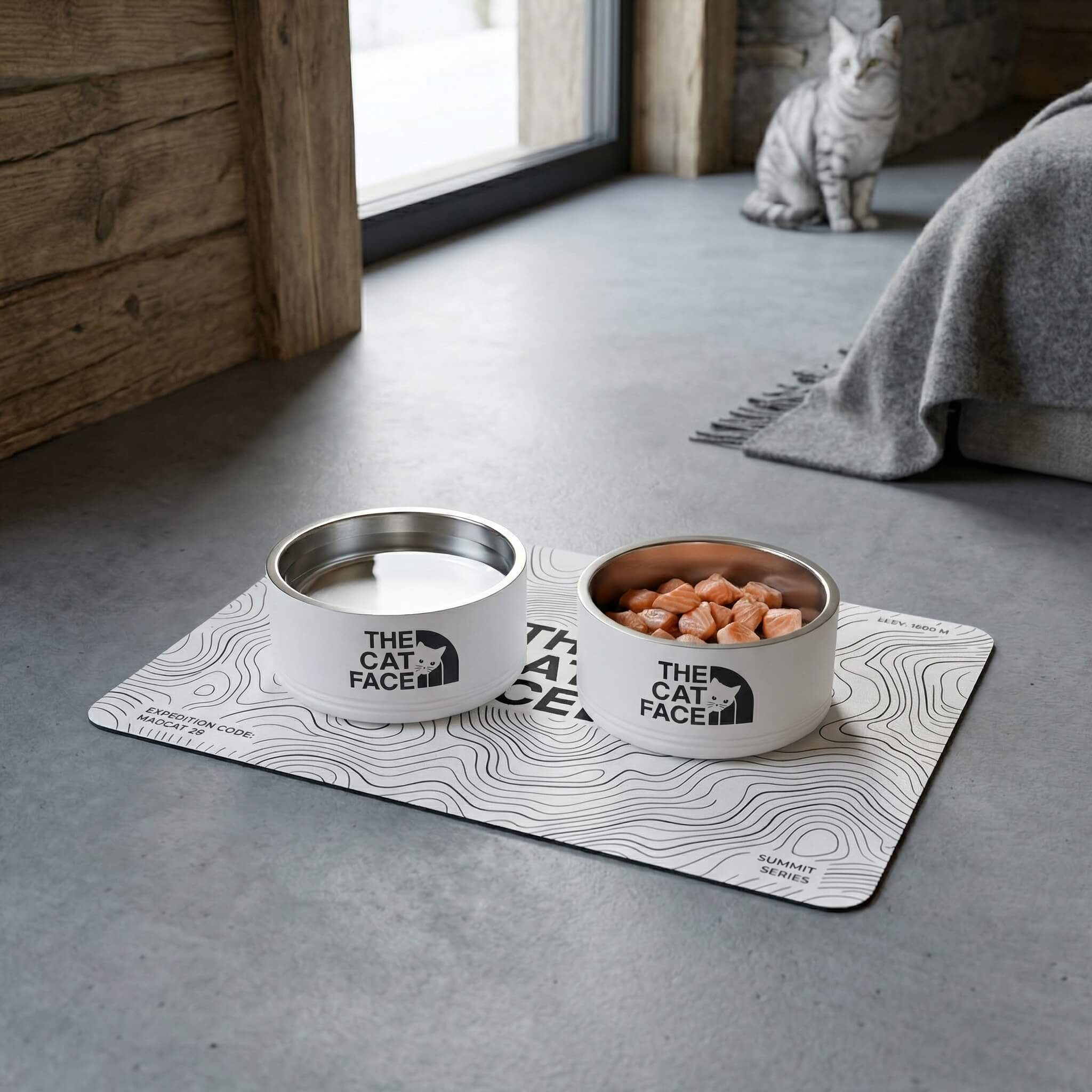 The Cat Face white pet food and water bowls with matching cat feeding mat