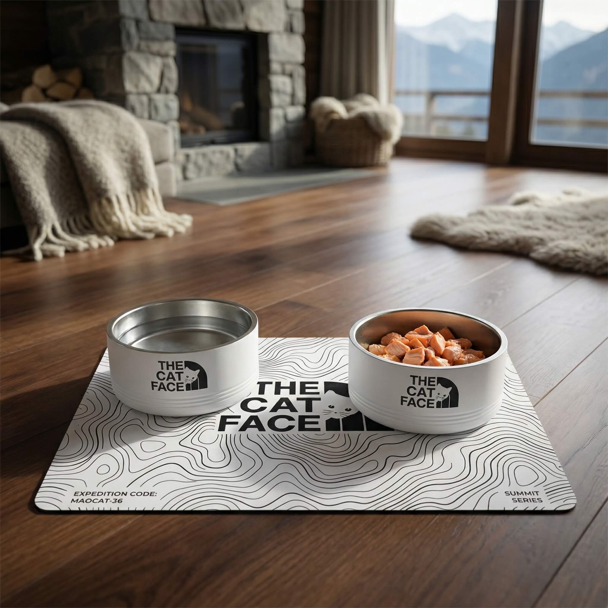 White designer bowl mat with luxury white cat bowls in mountain interior by Mad Cat Cartel