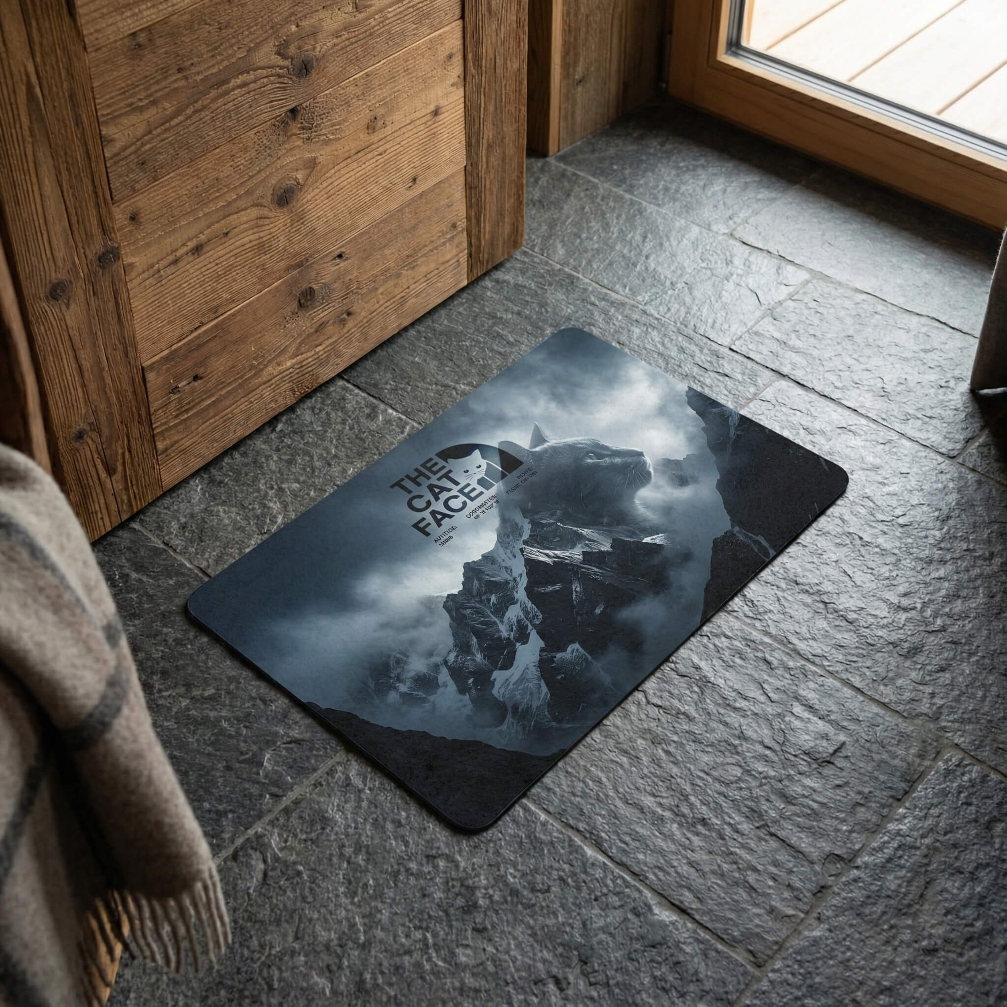 The Cat Face Expedition pet feeding mat on stone floor with dark mountain cat design by Mad Cat Cartel
