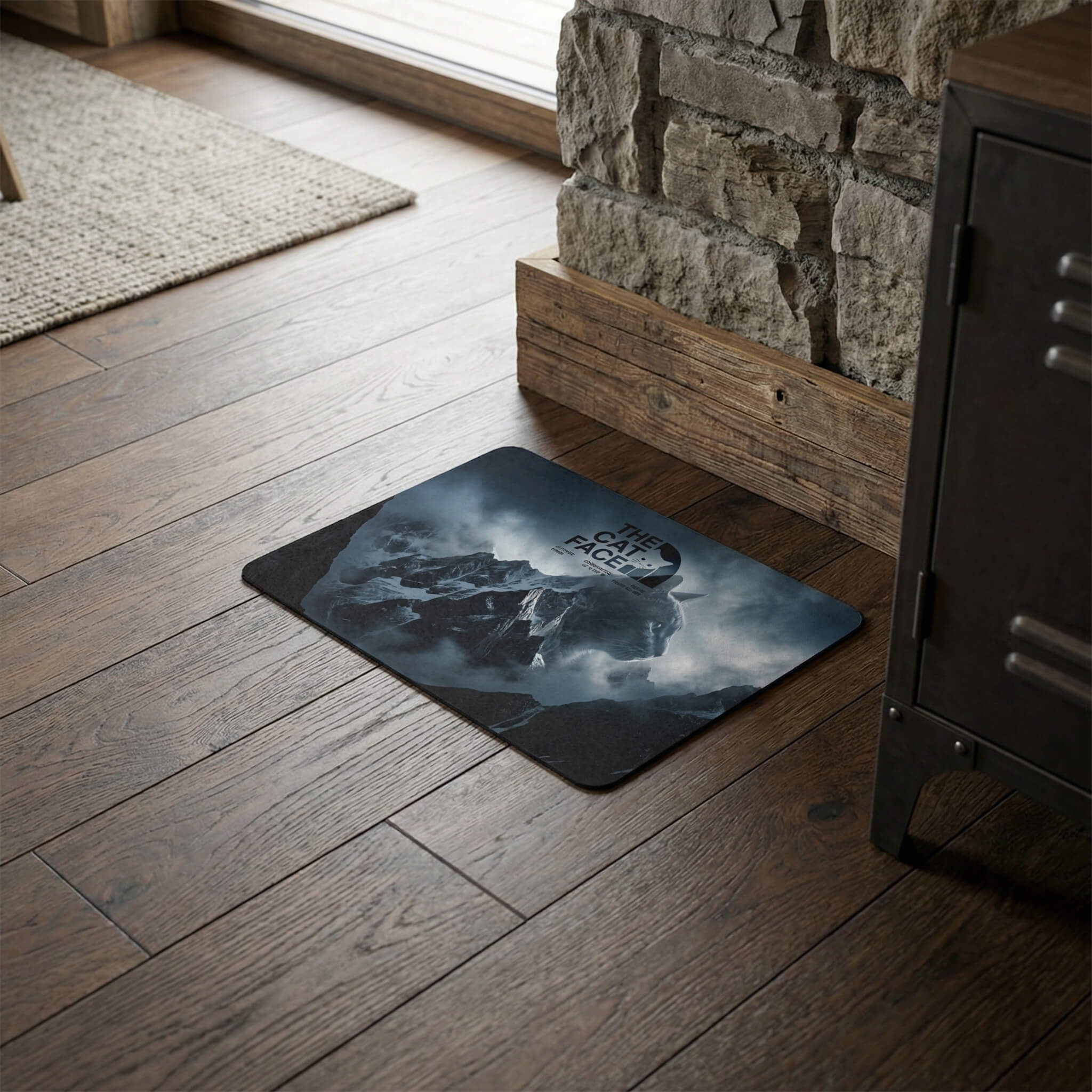 The Cat Face Expedition mountain cat food mat in rustic interior by Mad Cat Cartel
