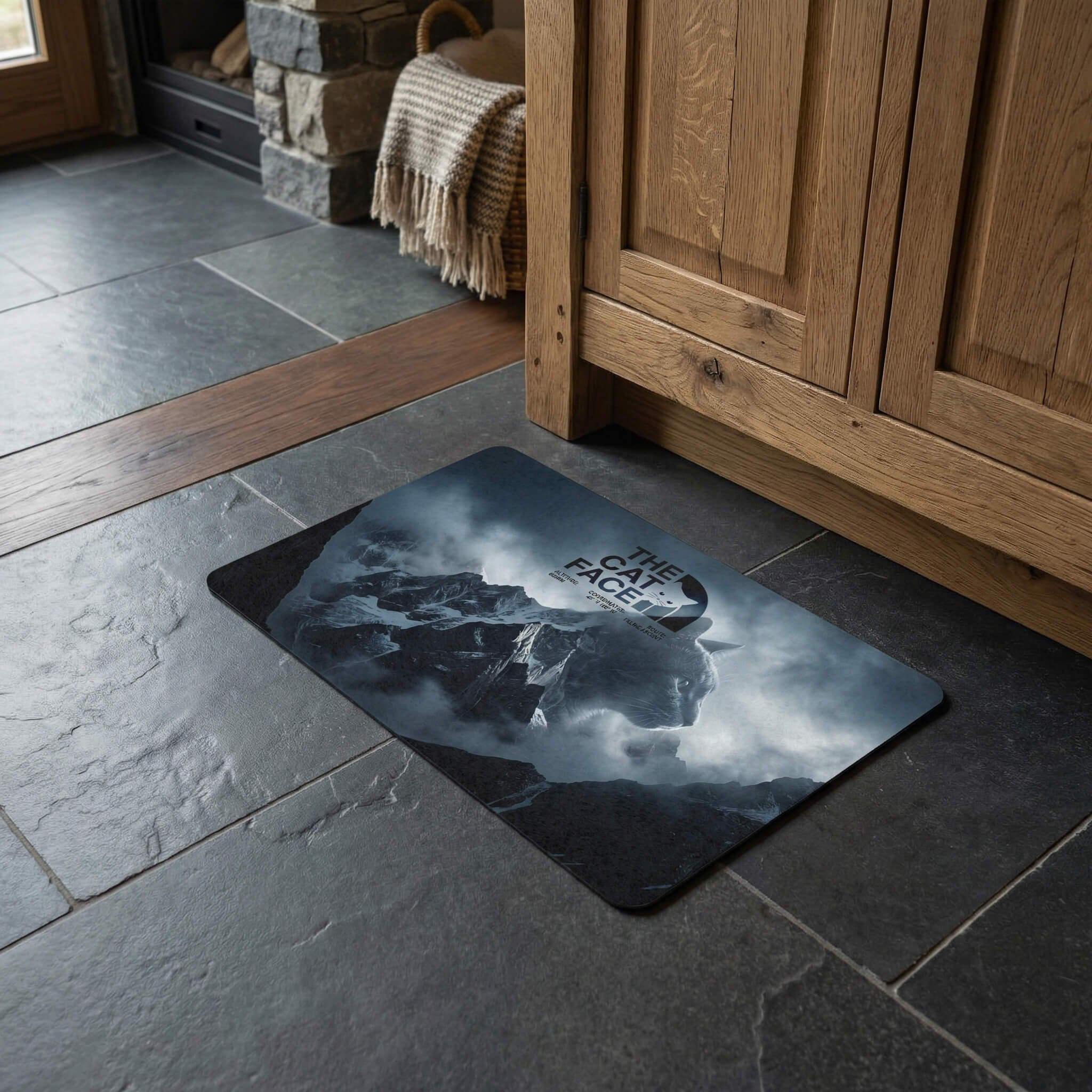 The Cat Face Expedition pet feeding mat on wood floor by Mad Cat Cartel