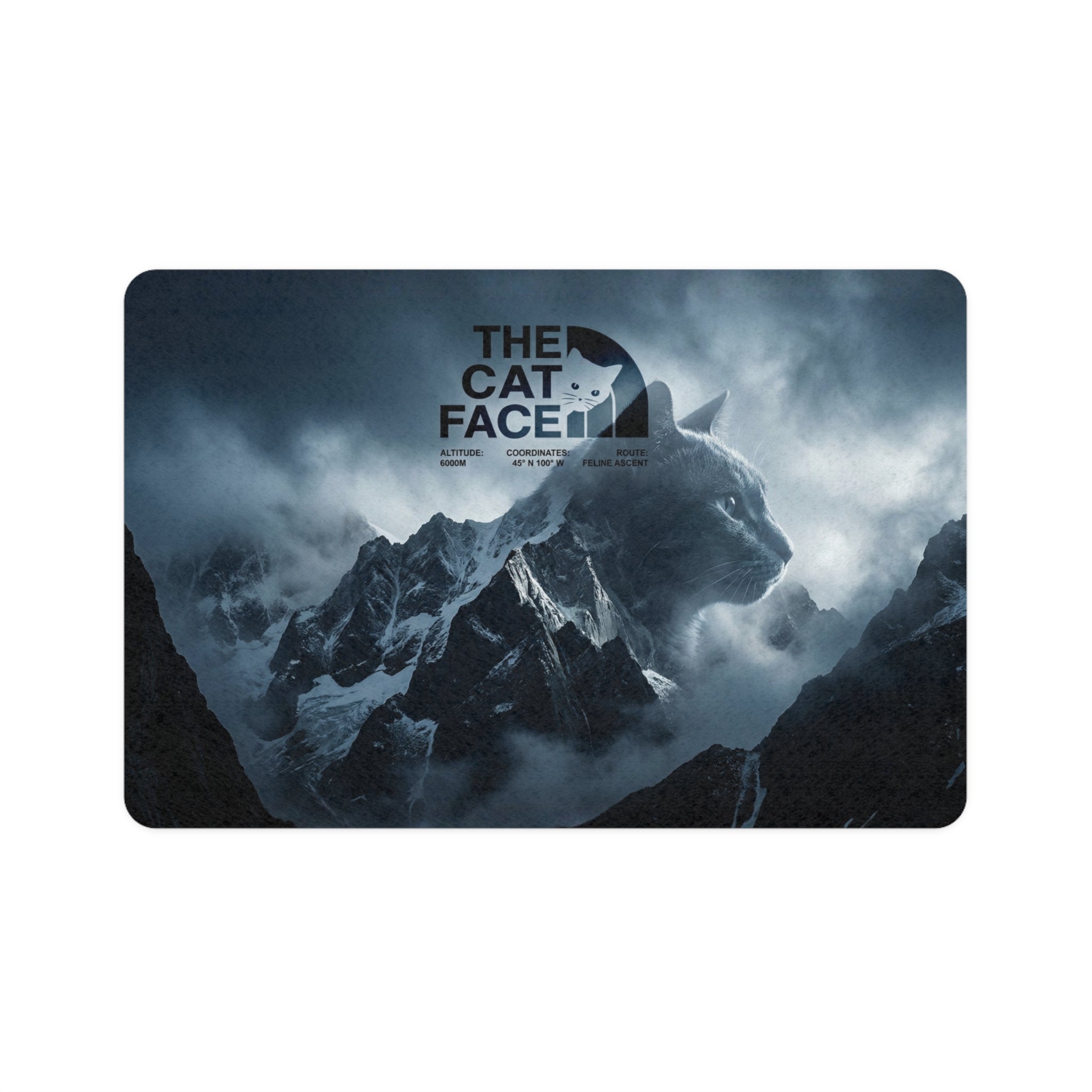 The Cat Face Expedition designer pet feeding mat cat food mat with mountain cat graphic by Mad Cat Cartel