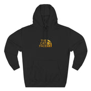 The Cat Face Gold Chest Logo & Back Puffer Cat Graphic Hoodie in black, front view