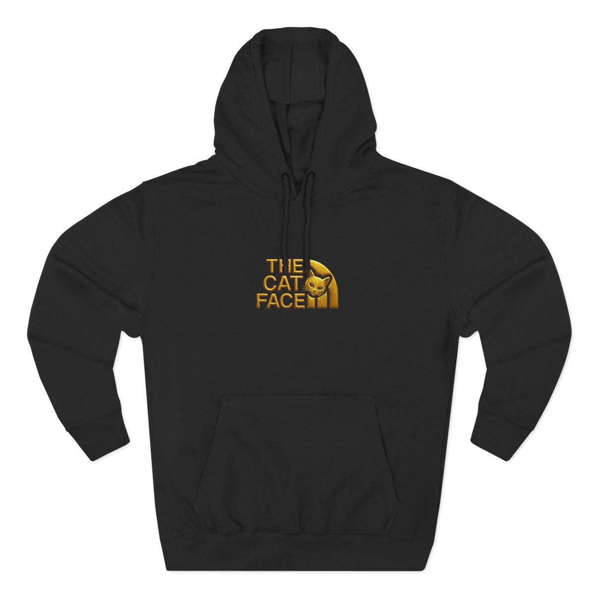 The Cat Face Gold Chest Logo & Back Puffer Cat Graphic Hoodie in black, front view